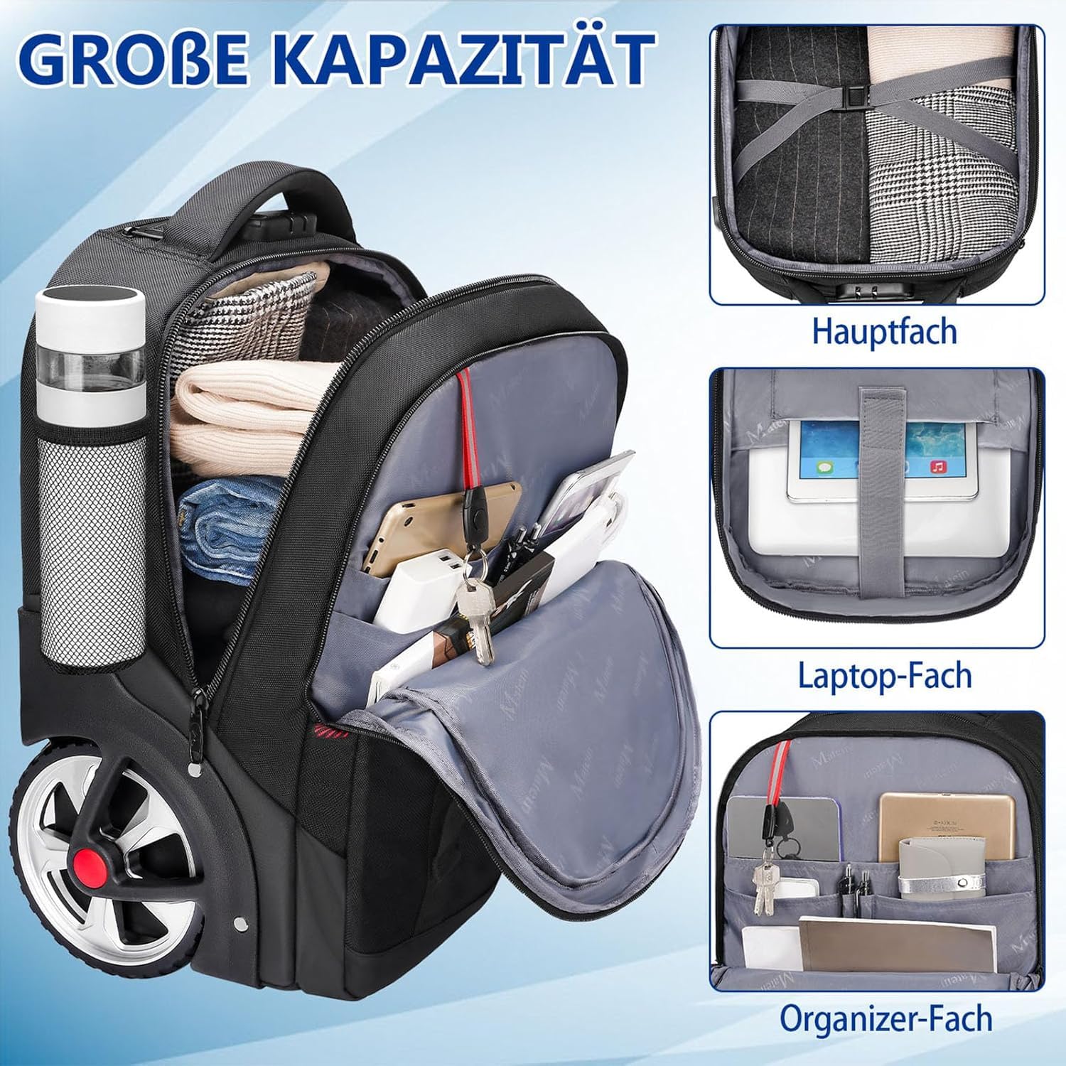 MATEIN Trolley Rucksack mit Rollen, 17,3 Zoll Trolley Rucksack mit Groß Rädern, 50L Reiserucksack mit rollen,Kombinationsschloss, Wasserdichte für Arbeit Reise, Schwarz