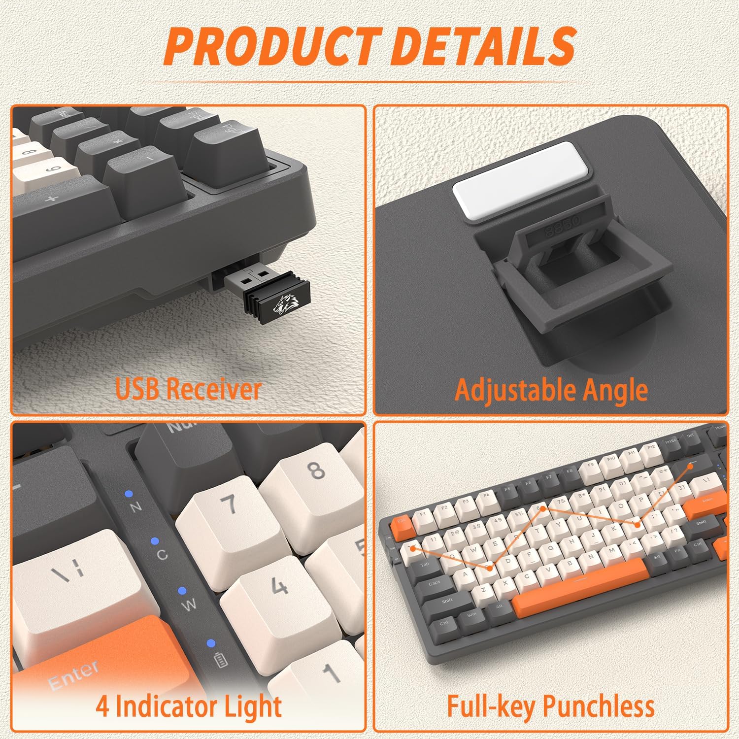 FREEWOLF K8 keyboard showing USB receiver and adjustable angle