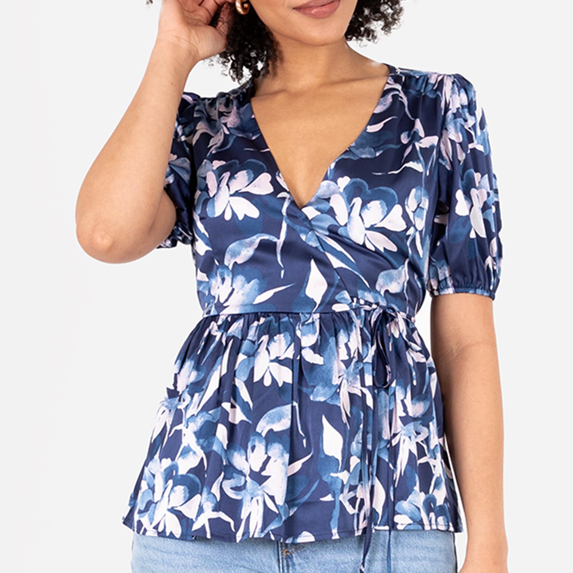 Lovedrobe Women's Ladies Wrap Top Short Puff Sleeve V-Neck Floral Floral Print Peplum Satin Blouse Smart Casual Office Wear Blouse Femme (Lot de 1)
