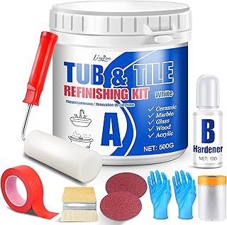 Kit de Rénovation de Baignoire et Carrelage - Peinture pour Carrelage Blanc Satiné avec Outils pour Baignoire, Lavabo, Plan de Travail pour Salle de Bain et Cuisine, Céramique, Porcelaine (500g)