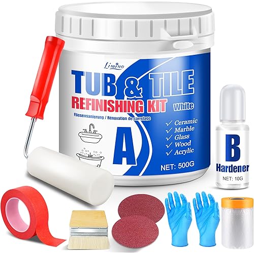 Tub and Tile Refinishing Kit - 17oz Semi-Gloss White Tile Paint with Tools for Bathtub Sink Countertop for Bathroom Kitchen, Bathtub Paint for Ceramic, Porcelain Fiberglass, Low Odor, 25-30 sq.ft