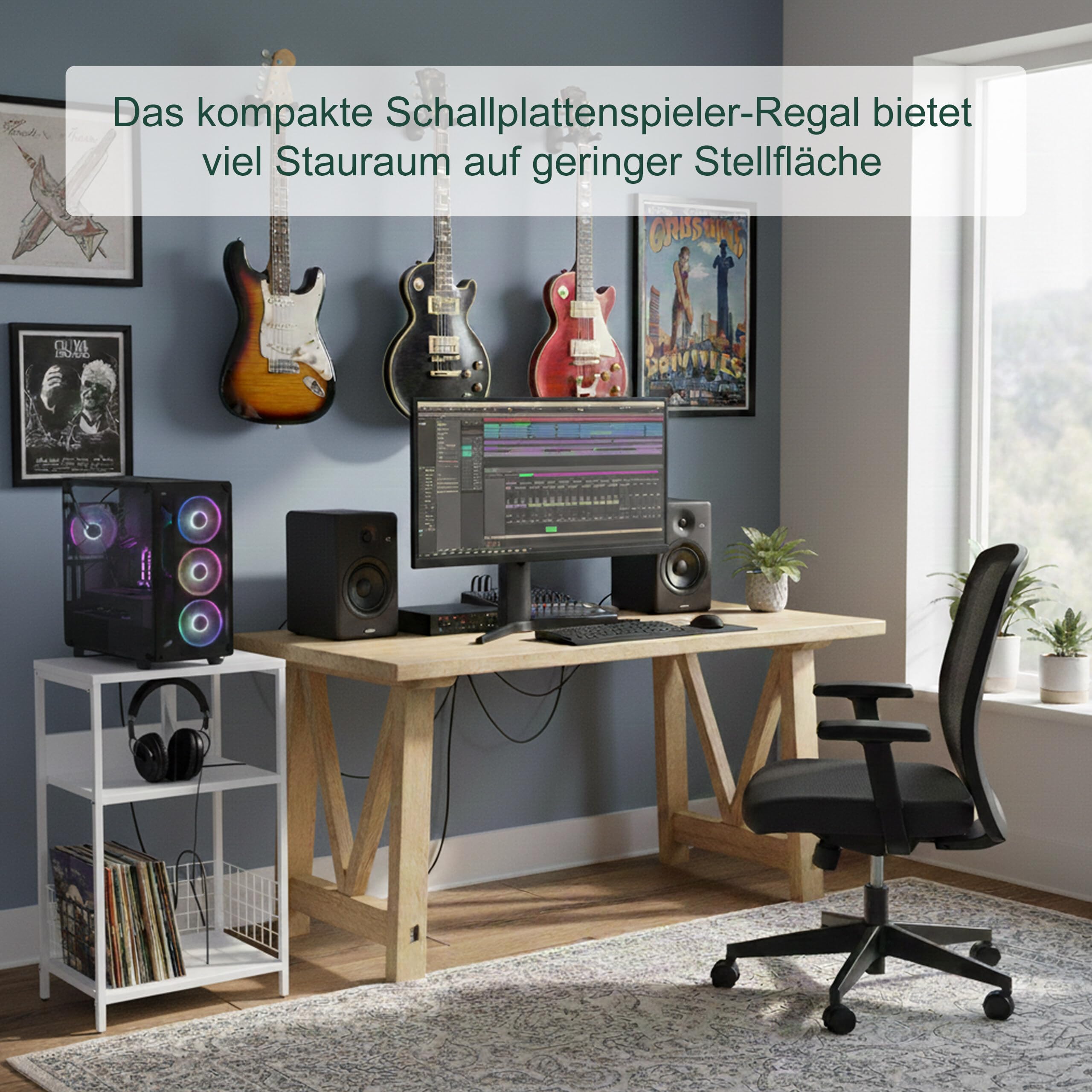 Relaxdays Plattenspieler Tisch, 3 Ebenen, Trennwände, HBT: 65x40x30 cm, Eisen, MDF, Schallplattenspieler Regal, weiß
