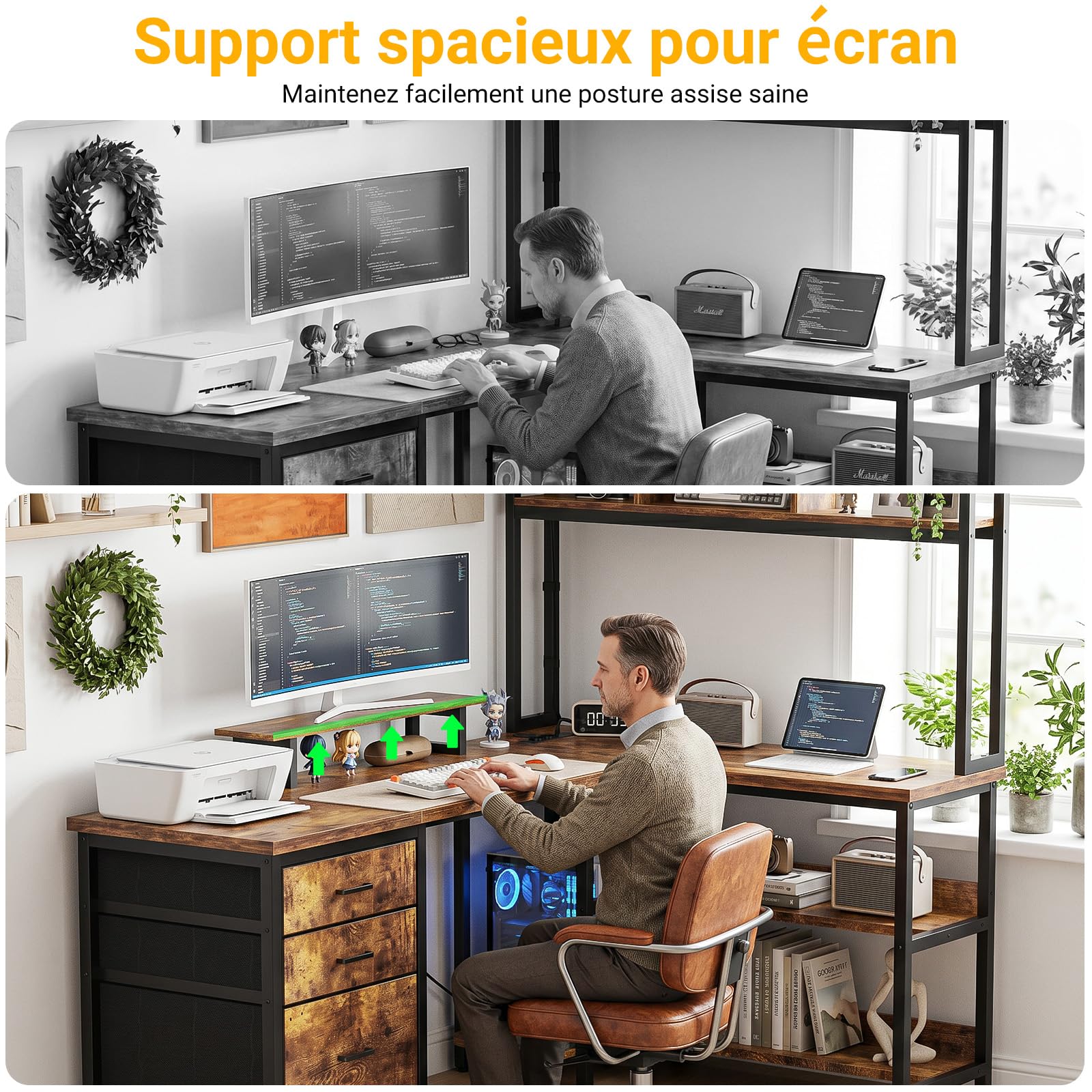 Homieasy Bureau d'angle Gaming 150cm LED, Prises, Tiroirs, Brun Rustique
