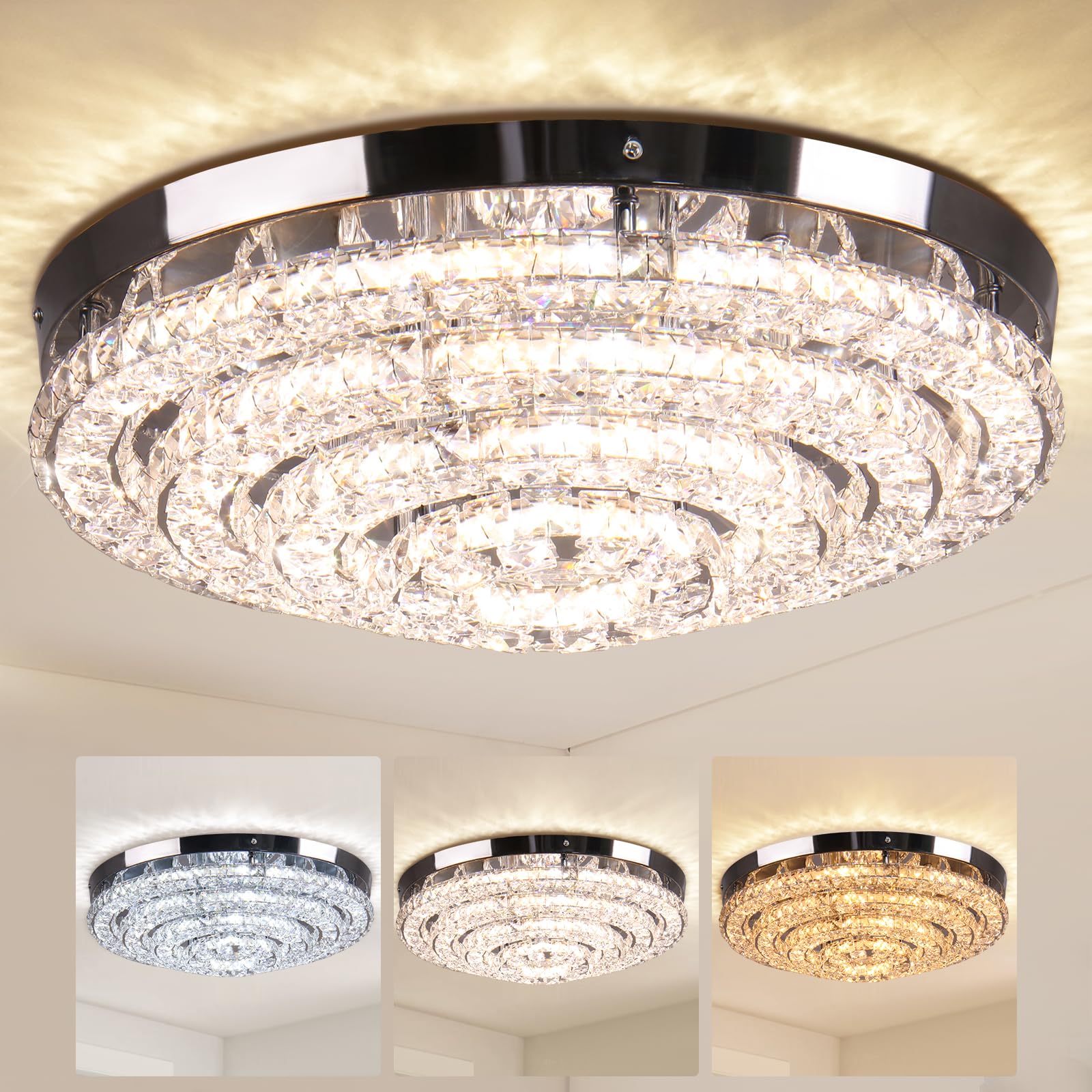 17.7" Crystal Chandelier Ceiling Light Fixture Modern Round Light Fixture Chandeliers for Bedrooms Dining Room Living Room Kitchen (Muliticolor 3500k/4500k/6500k)