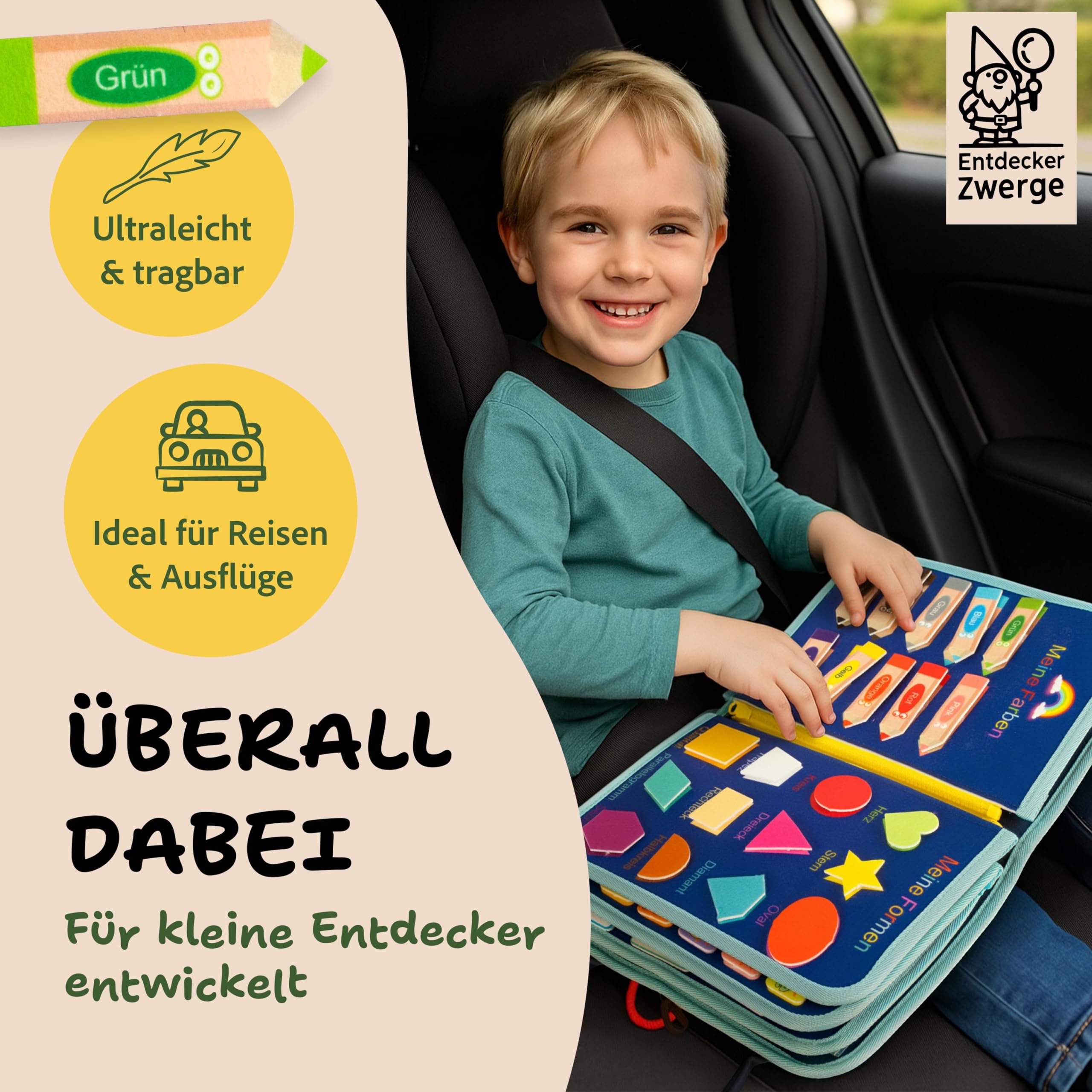 Montessori Busy Board ab 3 Jahre - Lernspielzeug mit deutschen Inhalten - Busy Book mit 25 Aktivitäten - Motorikspielzeug - Activity Board für Kinder - Reisespiel - in Geschenkbox