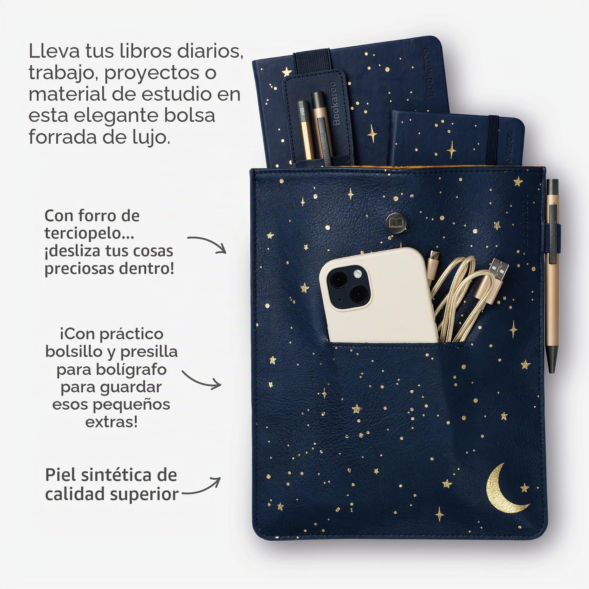 IF Bookaroo - Bolsa para libros, luna y estrellas, azul oscuro/dorado