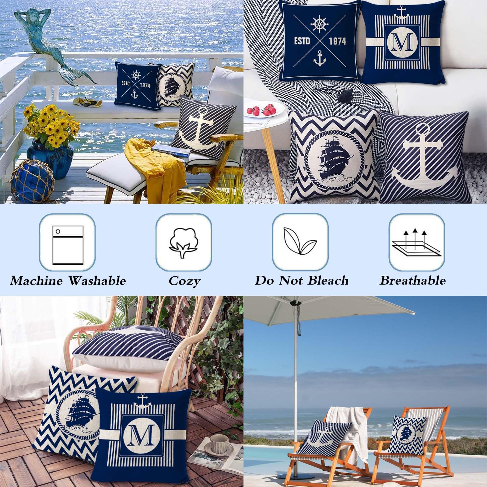 Blauwe ST TRADING Set Van 4 Nautische Kussenhoezen 45x45 Cm Marine Design Voor Binnen En Buiten Katoen En Linnen Mix Met Verborgen Rits Zeemansstijl