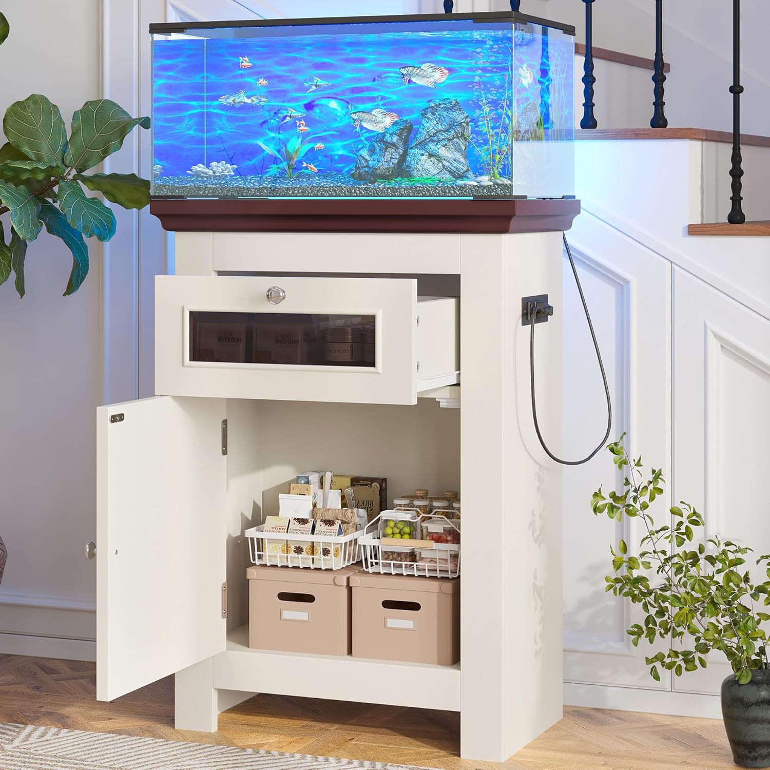 10-15 Gallon Aquarium Stand With Power Outlets, Farmhouse Fish Tank Stand, Reptile and Terrarium Stand with Drawer and Cabinet Storage, Sturdy Heavy Duty 20.4" 12",White