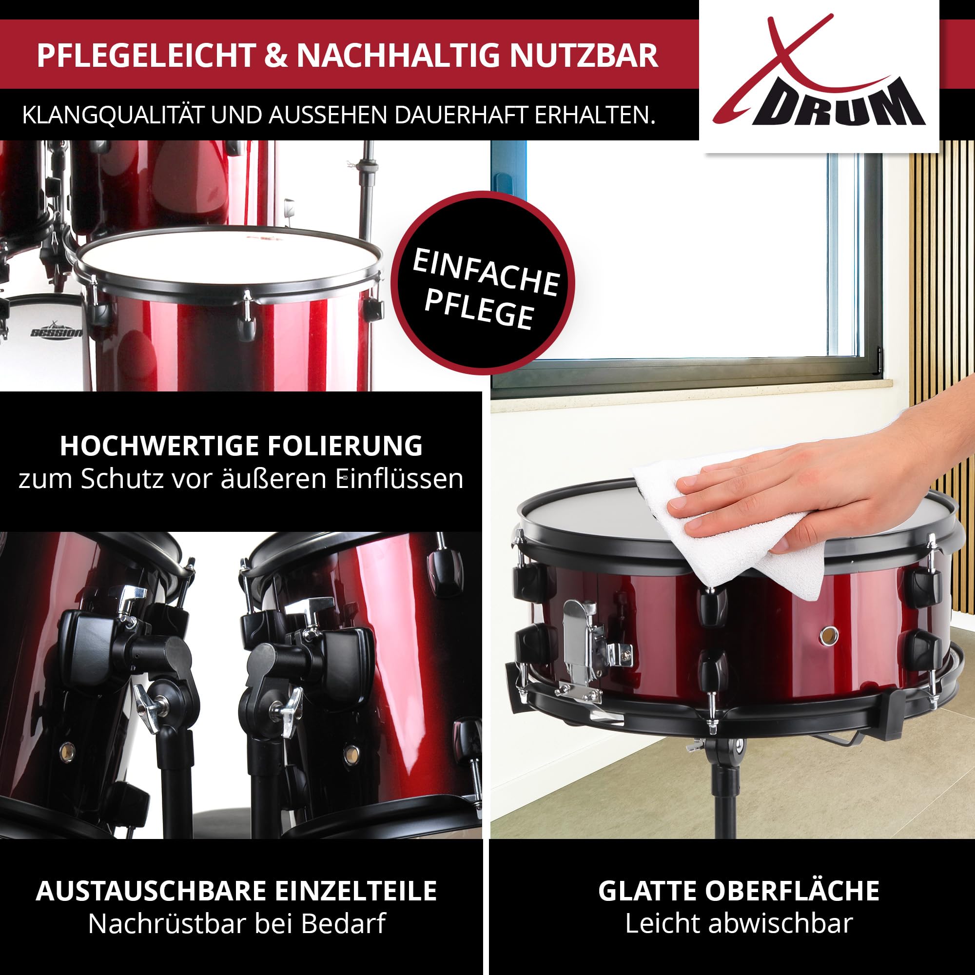 XDrum Rookie 22" Fusion Set Completo de Batería Ruby Red - Ideal para Principiantes - Hardware Estilizada en Negro - Incluye Baquetas, Manual de Montaje y Escuela de Batería - Rojo