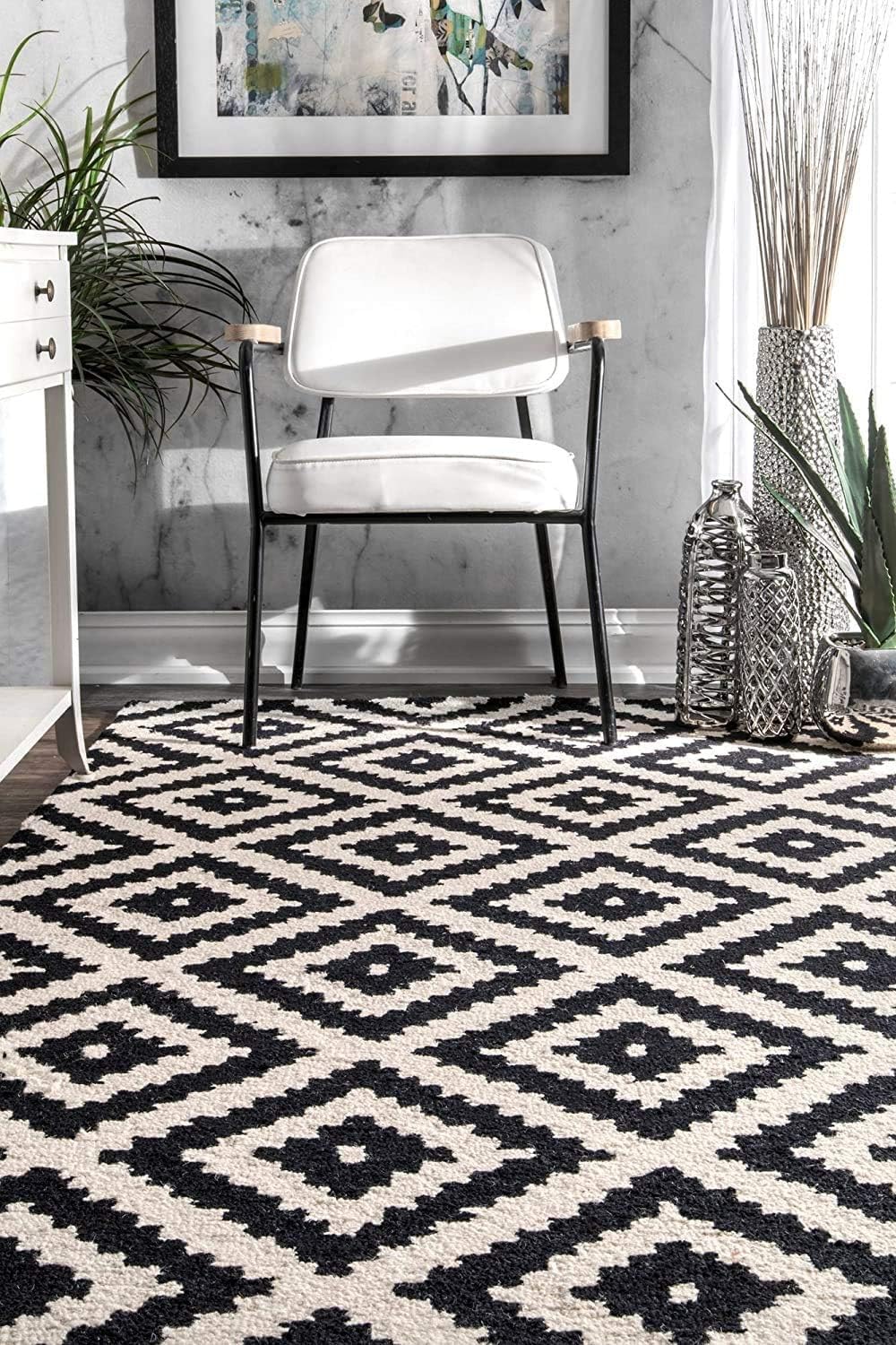 Hand-Tufted Rectangular Loop Pile Wool Area Rug with Anti Skid Backing, Non Shedding Durable Soft Floor Carpet for Office & Home Decor 9 x 13 Ft Black/White