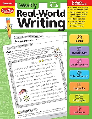 Evan-Moor Weekly Real-World Writing, Grades 3-4 Homeschooling &amp; Classroom Resource, Reproducible Worksheets, Thank You Notes, Internet Search, Emails, ... Web Pages, Journal, Hands-on Activities