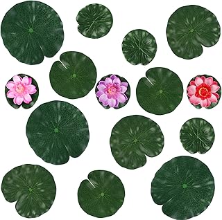 Jubaopen 15PCS Artificial Lotus Floating Water Lilies Artificial Lotus Leaves with 3PCS Realistic Lily Pads Water Lily Pads Ornaments for Pond Pool Aquarium Water Decoration(4 Sizes, 3Colors)