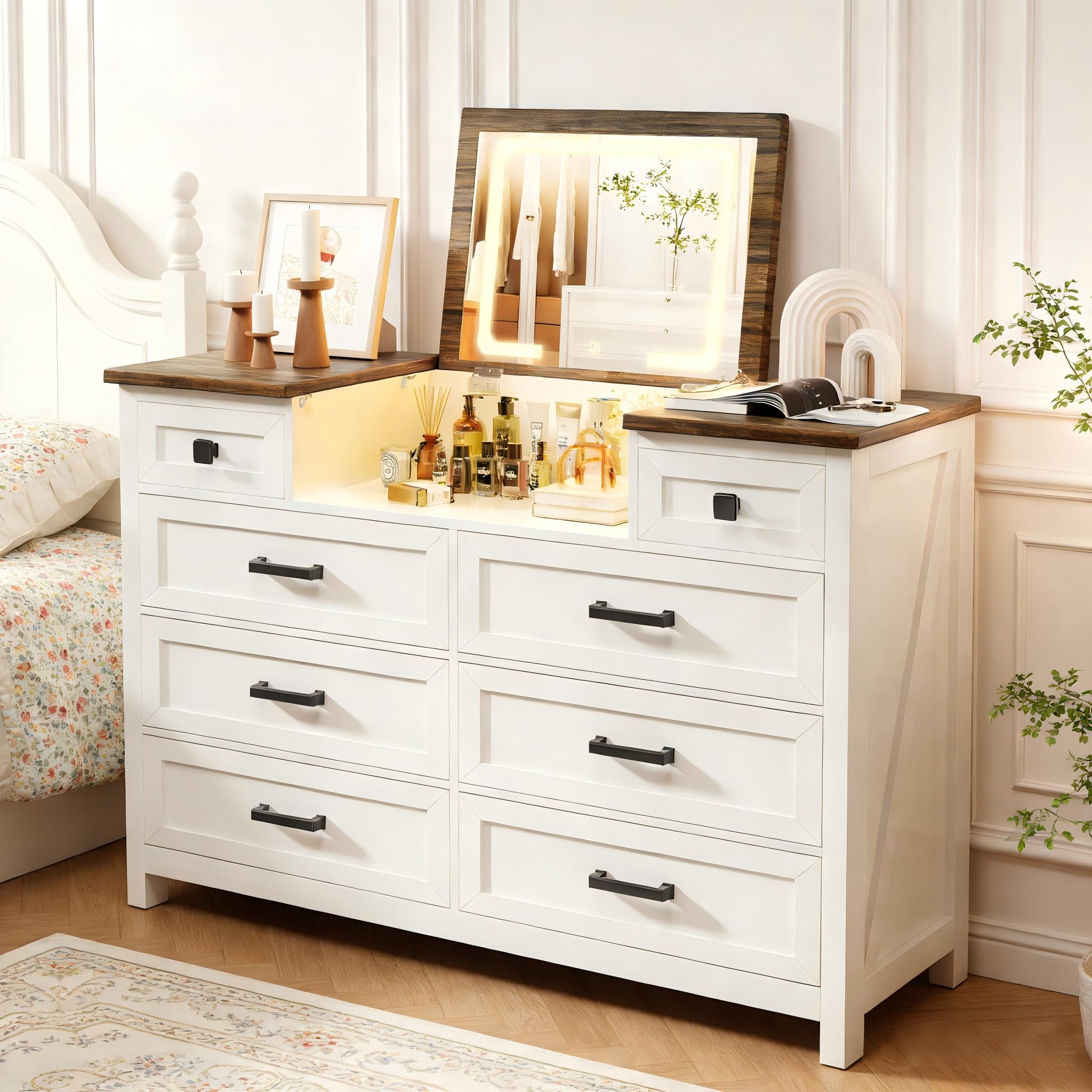 Amazon.com: BROTTAR Dresser with Mirror for Bedroom, Chest of Drawers with LED Mirror, 8 Drawer Dresser, White Dressers for Kids, Wood Dressers, Farmhouse Makeup Vanity with Storage for Bedroom : Home & Amazon.com: BROTTAR Dresser with Mirror for Bedroom, Chest of Drawers with LED Mirror, 8 Drawer Dresser, White Dressers for Kids, Wood Dressers, Farmhouse Makeup Vanity with Storage for Bedroom : Home &