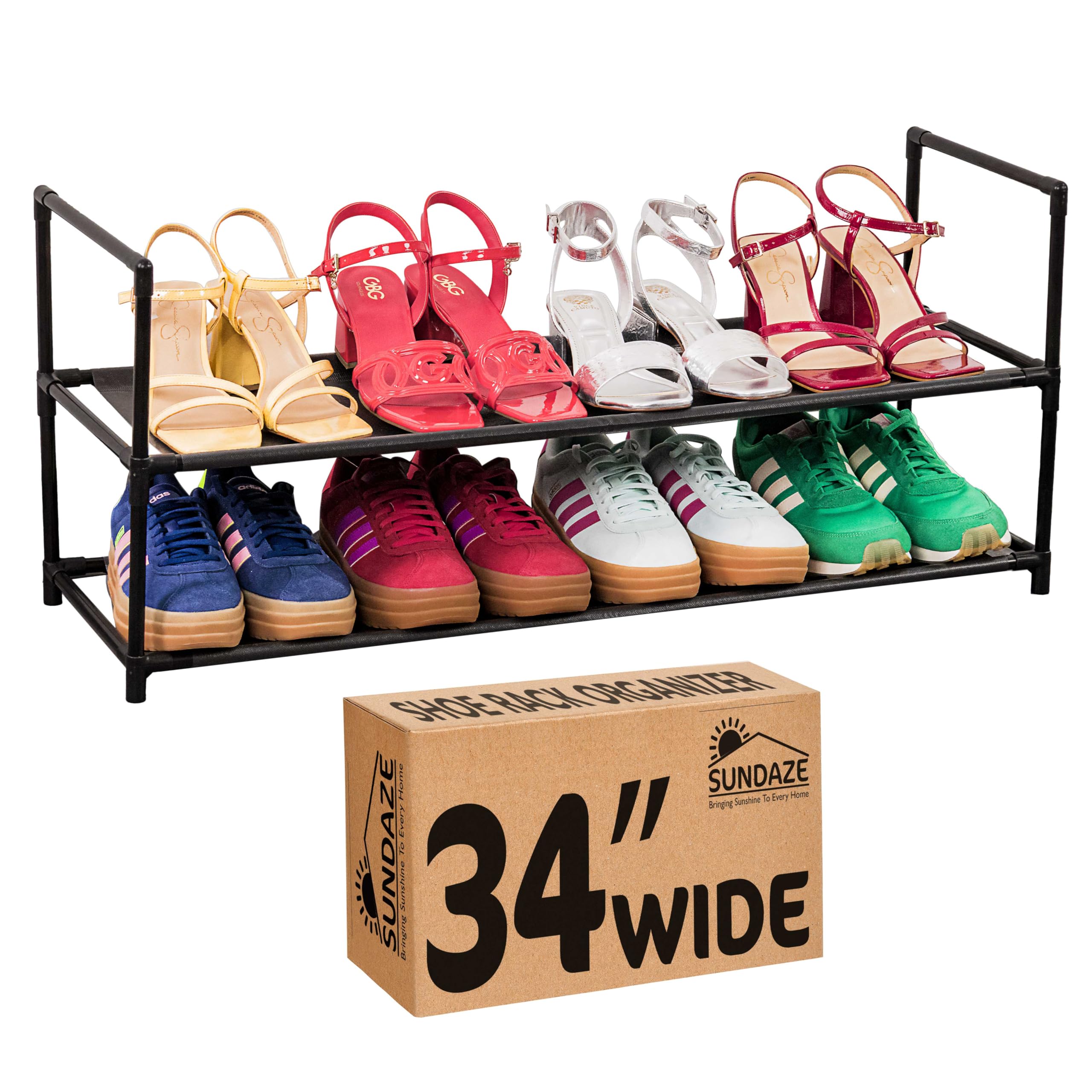 Sundaze Shoe Rack - 2 Tier Shoe Organizer, Sturdy Long Shoe Rack for Closet, Bedroom, Entryway, Garage, Non Woven Fabric Shelf, Black, Holds Up to 10 Pairs