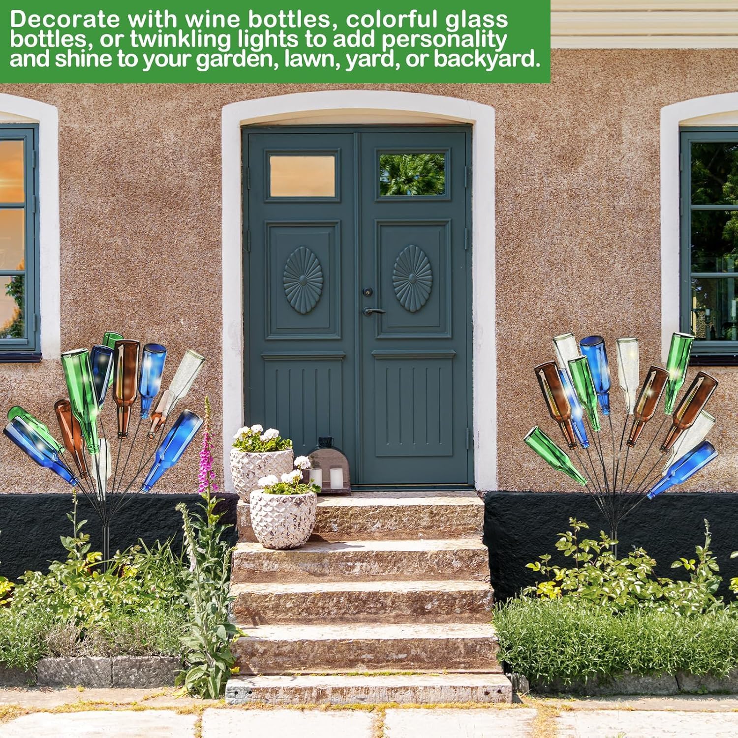 2 Pcs 12 Metal Wine Bottle Tree Garden Outside 36 Inches Decorative Colorful Glass Bottle Holders Artificial Rustproof Display Stand Garden Art for Lawn Yard Outdoor Decor