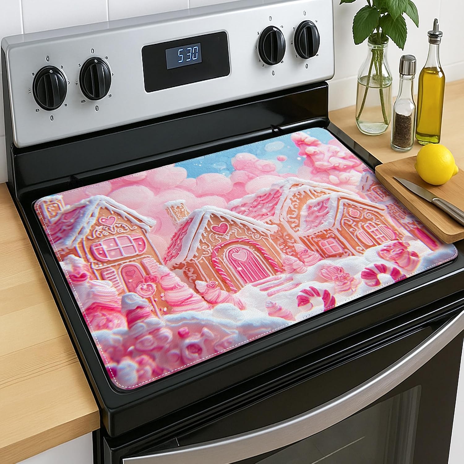 Gingerbread Stove Top Cover for Electric Stove, Christmas Fanciful Heart Candy Christmas Peach Rubber Non-Slip Glass Top Cover for Kitchen Everyday Kitchen Use Decor 28x20 Inch