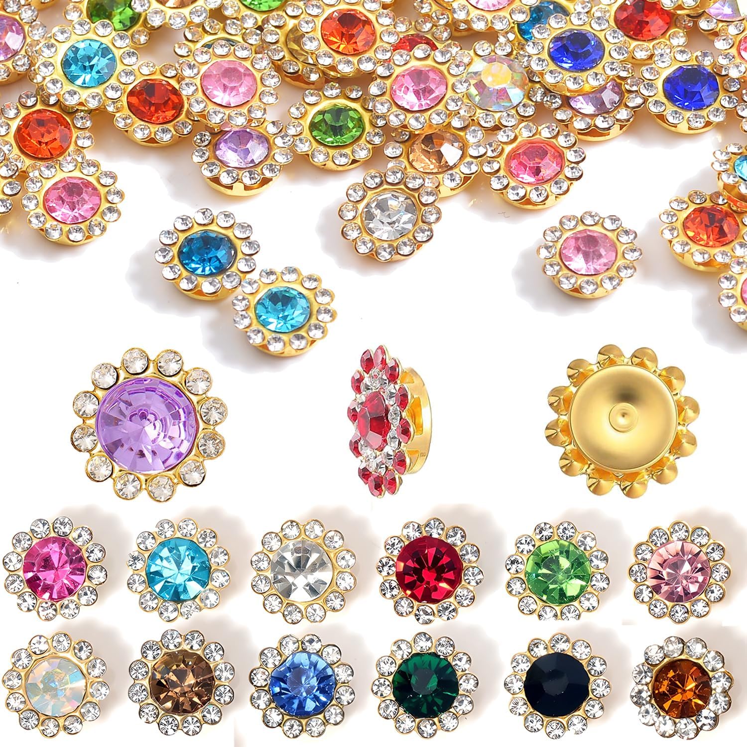 500Pcs Sew on Rhinestones, 12mm, Flatback Crystal Flower Bedazzling on Clothes Shoes Hats Bags & Sewing Crafting Accessories (12mm - Gold Tone)