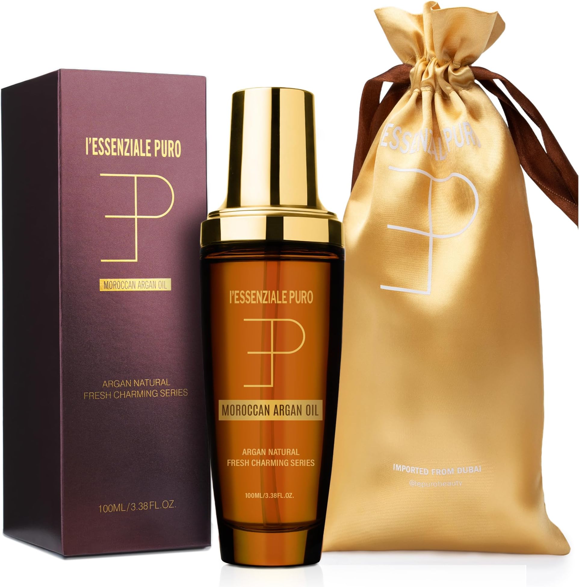 Dubai Premium Moroccan Argan Hair Oil & Body Elixir - Lightweight Treatment for Dry Damaged Hair, Split Ends - Controls Frizz, Boosts Shine, Hydrates Skin - 100 mL (3.38 Fl Oz)