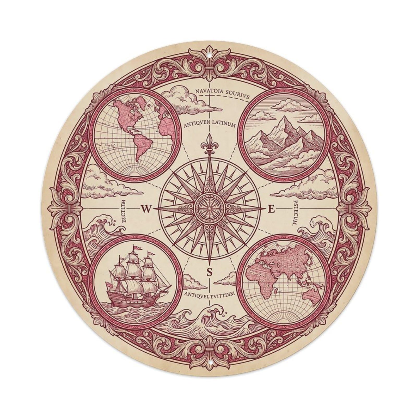 Vintage Nautical Compass World Map Mooring Path Metal Tin Sign
