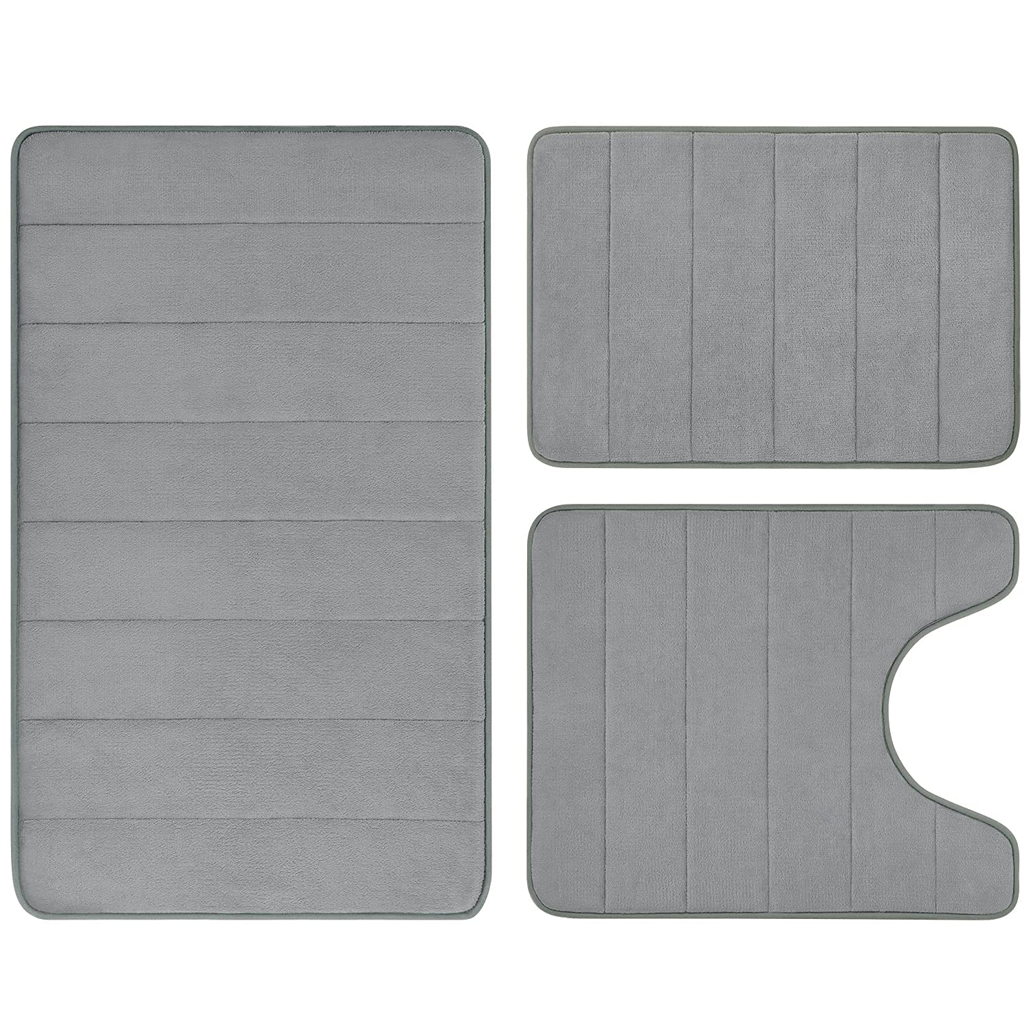 KiKiYe Grey Memory Foam Bathroom Rug Set 3 Piece Non Slip Extra Absorbent Shaggy Bathroom Mats And Rugs Sets; Dry Bath Mat Sets For Bathroom Washable Carpets Set