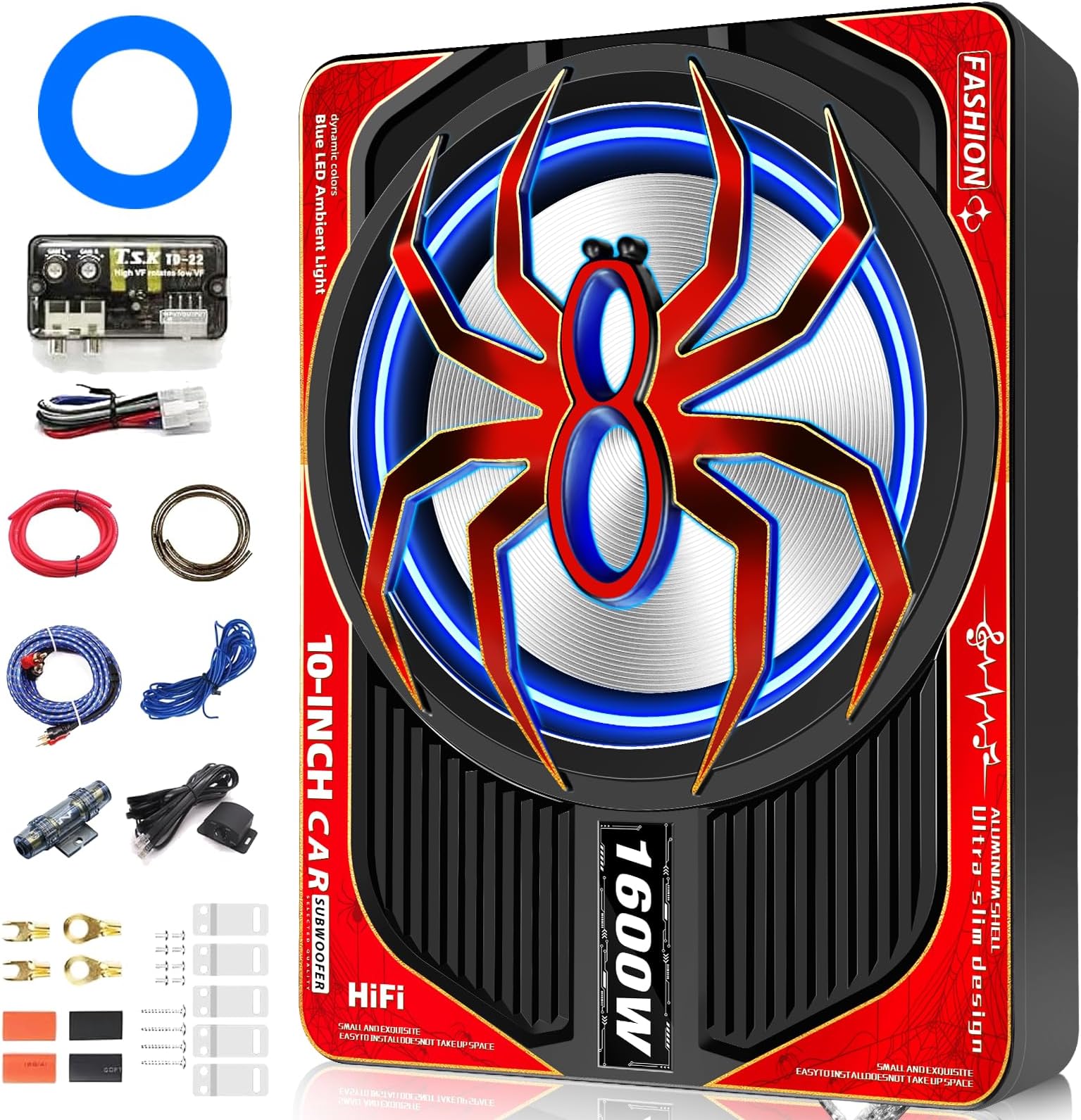 1600W Slim Underseat Car Subwoofer and Amp Package, Powered Subwoofer with Built-in Class D Amplifier, Subsonic Deep Bass, LED Ambient Light Switch,Under Seat Subwoofer for Truck SUV Car Audio