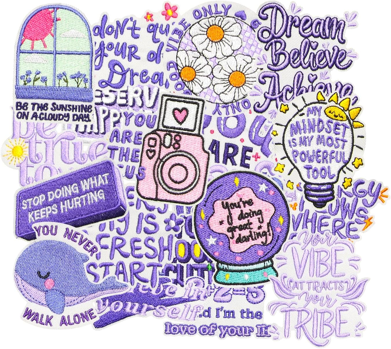 20PCS Inspirational Quote Embroidery Patches Set, Purple Lavender Iron-On Appliques with Motivational Messages for Jackets Bags Accessories
