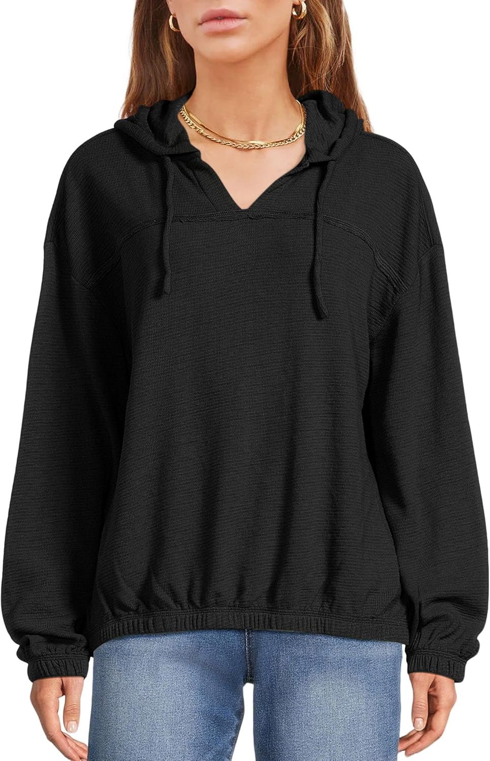 Vivitulip Women’s Long Sleeve V Neck Drawstring Hoodies Casual Loose Fit Sweatshirt Tops