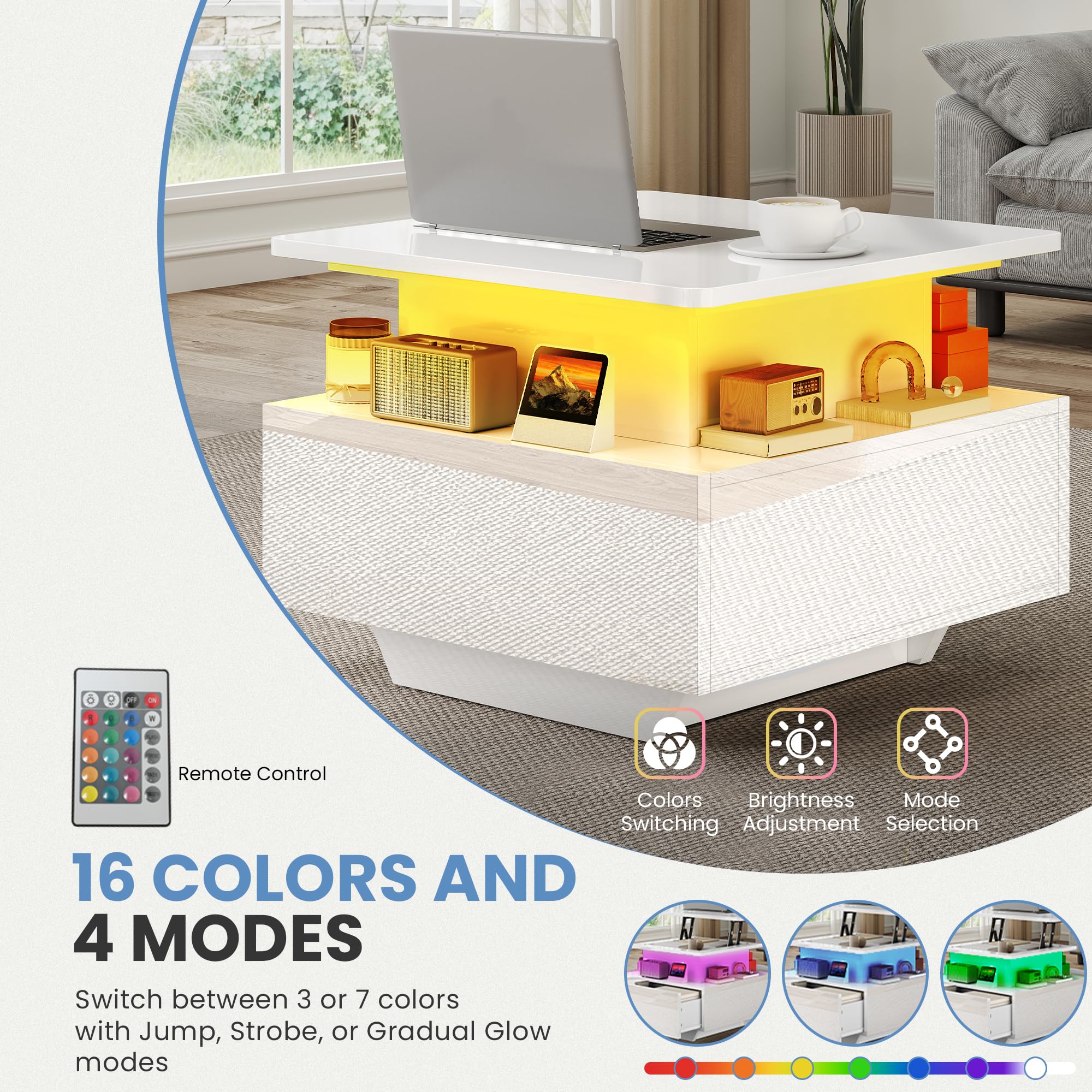 DWVO Table Basse avec LED, Hauteur Réglable, Blanc Laqué Moderne, avec Rangement et Tiroirs pour Salon, 60x60x45-58 cm