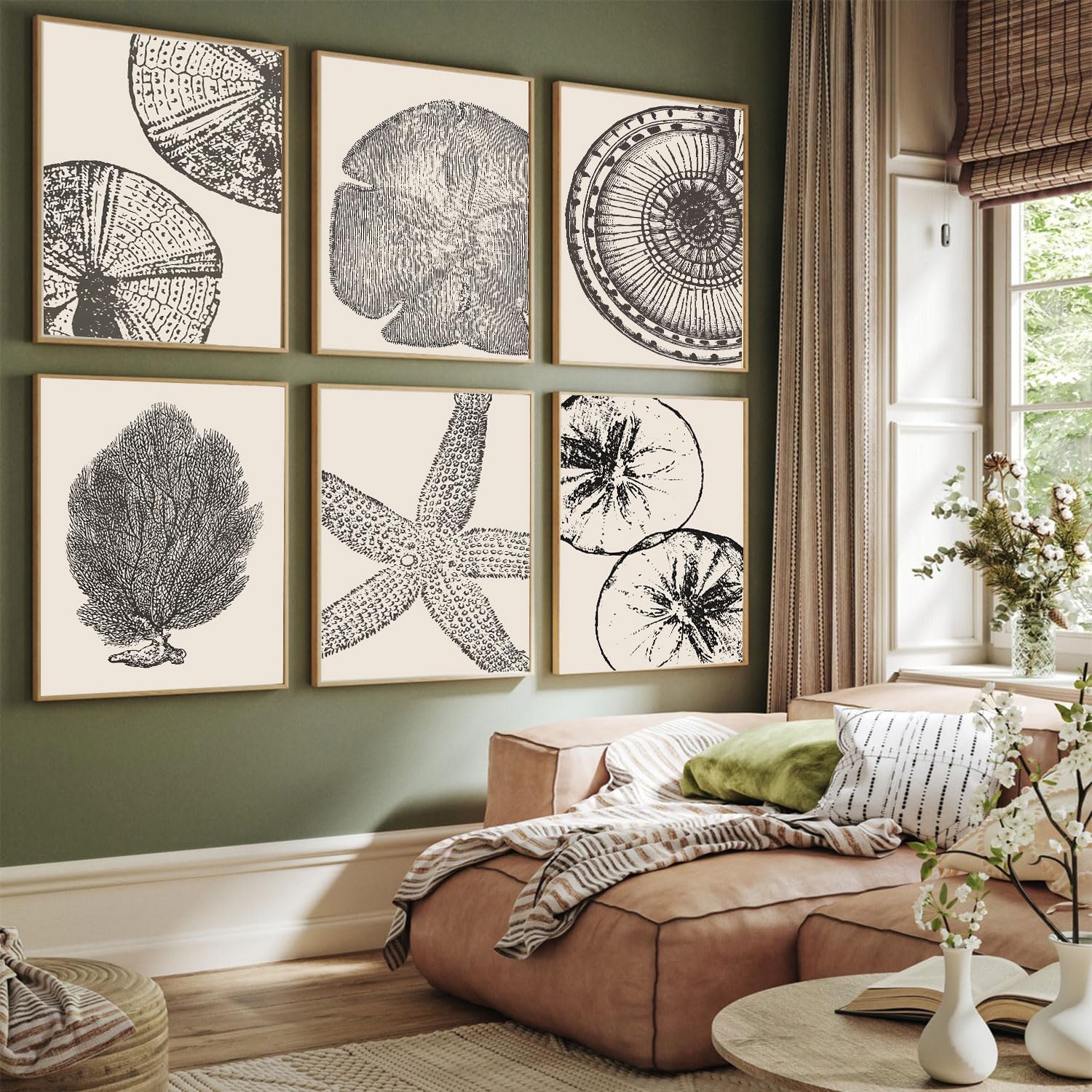 WYHLMTQ 6Pcs Boho Beach Coastal Posters Canvas Wall Art Modern Abstract Painting Shell Pictures Prints Wall Decor Beach Gallery Artwork for Beach House Bathroom Living room8x10InUnframed