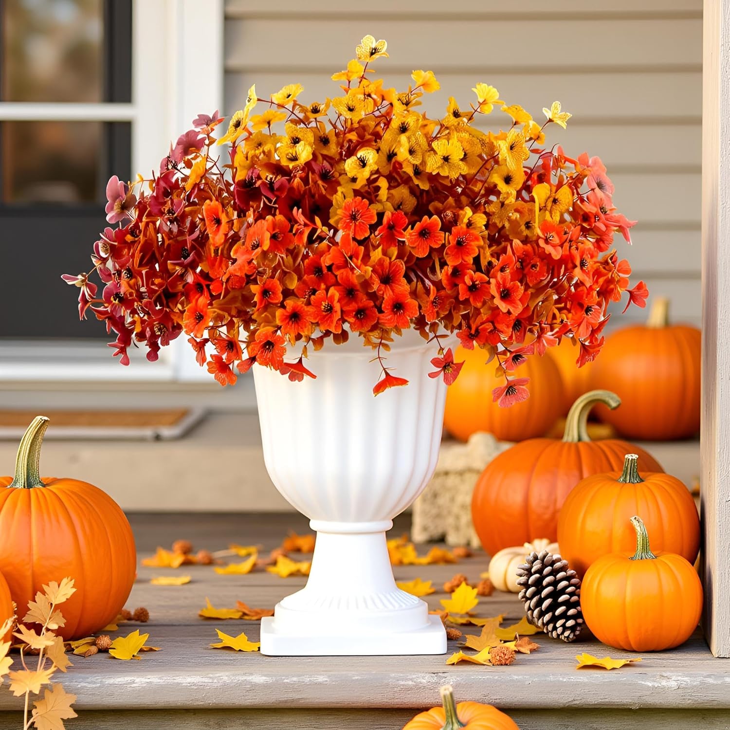Artificial Fall Flowers for Outdoors Fake Mums Plants, 16 Bundles Faux Orange Eucalyptus Flower Plants UV Resistant No Fade for Home Autumn Garden Thanksgiving Porch Patio Autumn Decor