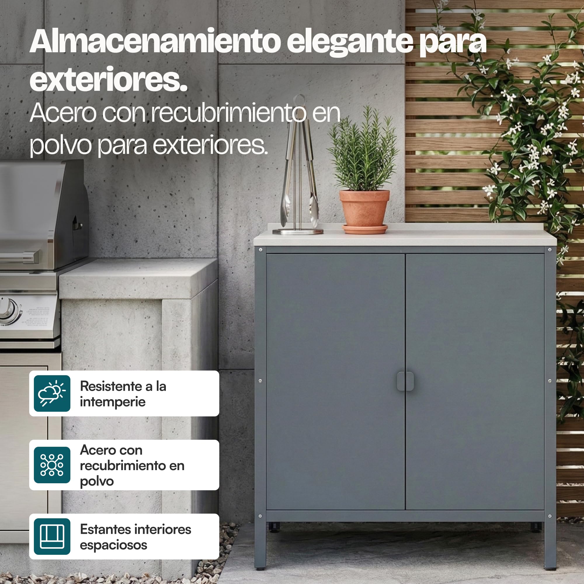 casa.pro Armario Exterior Bolognano con Patas Nivelables 1 Estante Interior para Terraza Jardín Uso Interior y Exterior Almacenaje en el Jardín 92 x 80 x 50 cm Acero - Gris Oscuro/Plateado