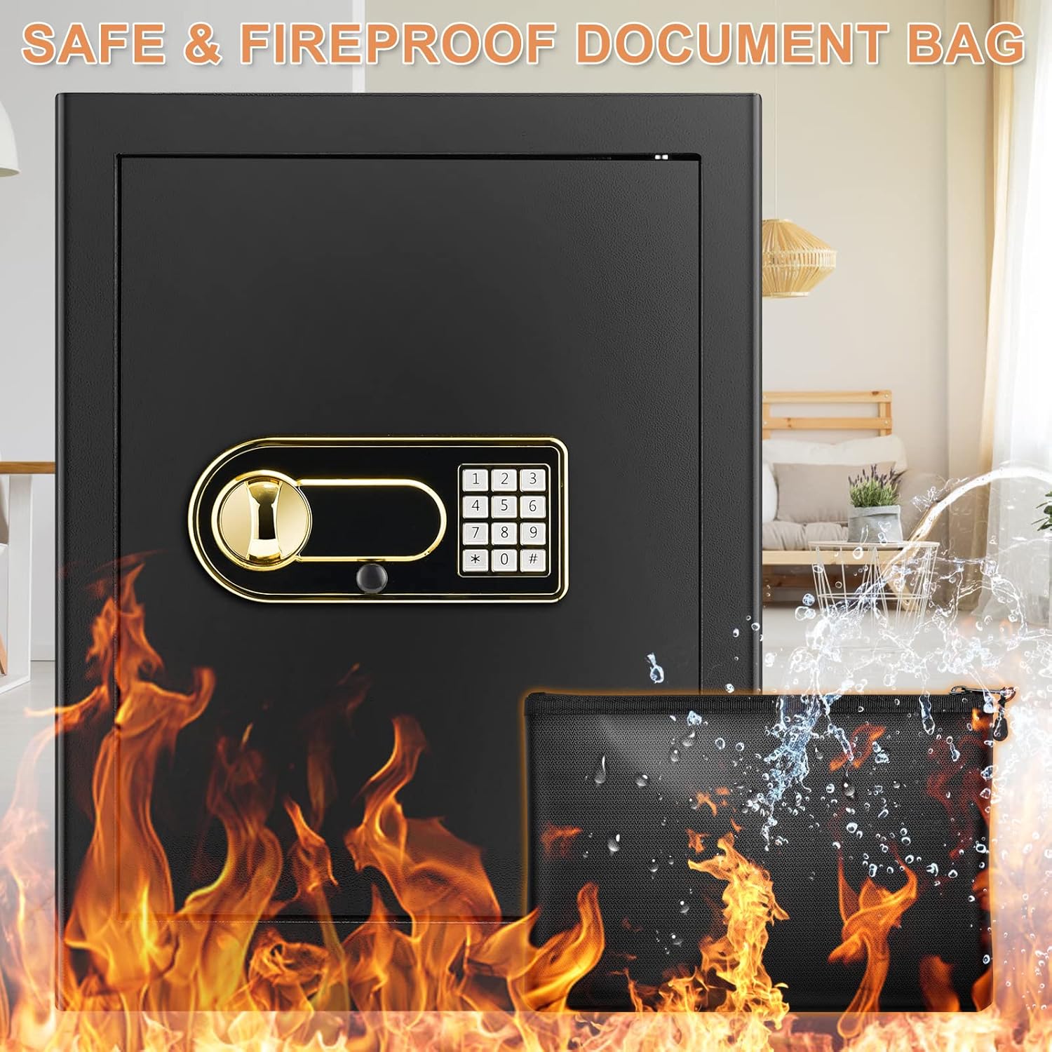 2.2 Cub Large Fireproof Safe Box with Waterproof Fireproof Document Bag, Security Home Safe with Inner LED Light and Emergency Battery Box, Digital Lock Safe for Gun Cash Jewellery Important Document Medicines - - 