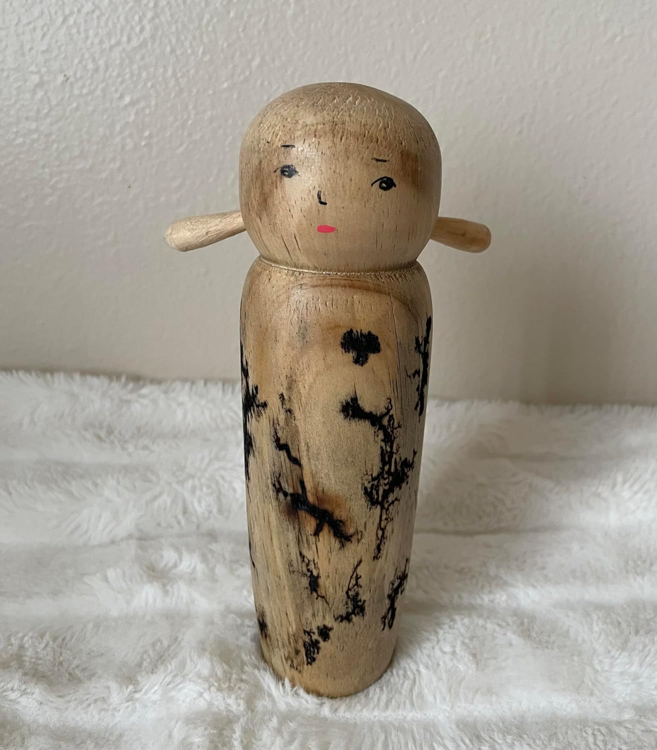 Air Ads Handmade Wooden Kokeshi Doll, Natural Wood with Hand-Painted Details, Vintage Style Collectible Figurine, 7 Inches Height, Dollhouse Accessories A09