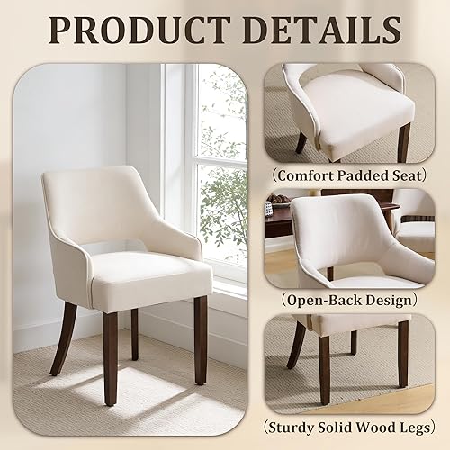 Miniatura 8 de MOJAY Juego de 2 sillas de comedor, modernas sillas de cocina tapizadas de mediados de siglo, silla de comedor de tela de lino beige con mango Juego