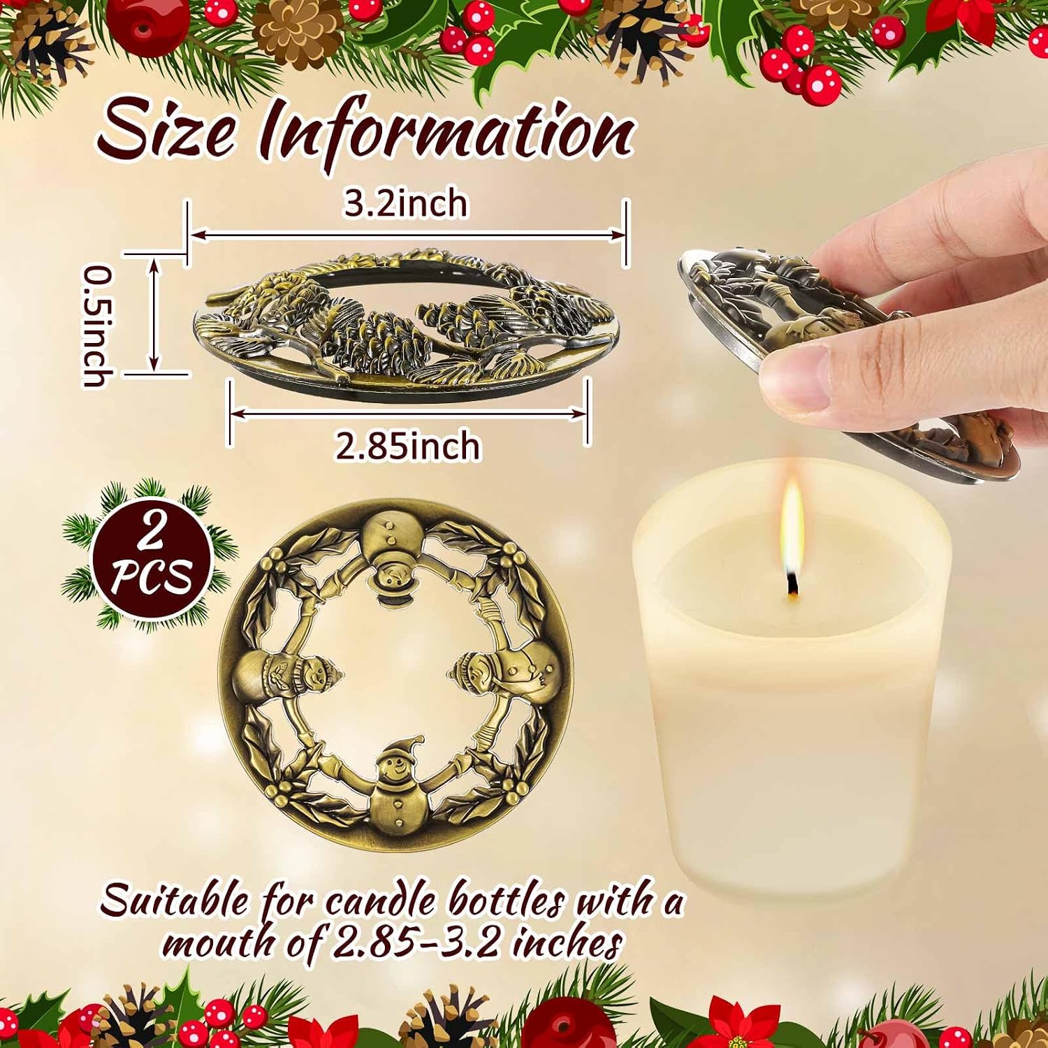 Moxweyeni 2 Pieces Candle Toppers to Burn Evenly Scented Jar Candles Mental Cover 2.85 Inch Christmas Leaf Pine Topper Lids Accessories Sleeves Gifts for Xmas Decorative Party Favor(Lovely Style)