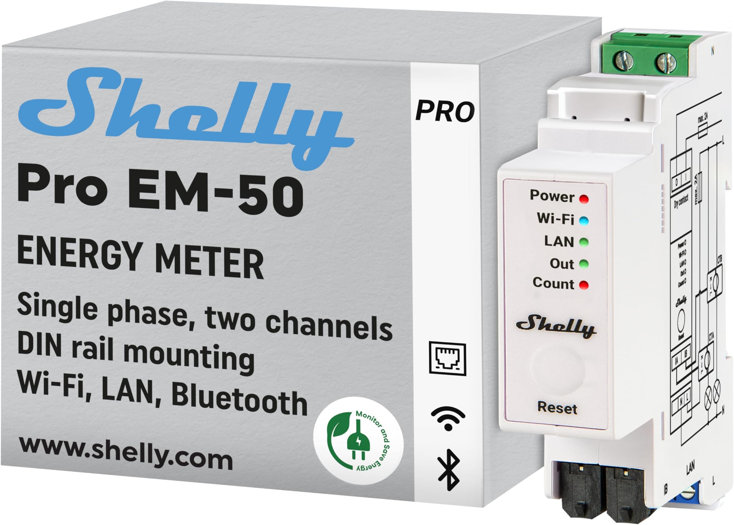 Shelly Pro EM 50A - 2-Channel Single Phase Smart Electricity Meter 50A 100-260V, with Switch, WiFi & LAN, Pliers Included, Optical Heart Rate Monitoring, Solar Monitoring, App for iOS/Android