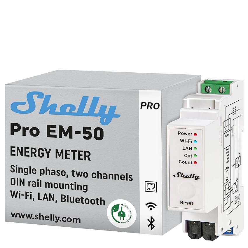 Shelly Pro EM 50A, LAN & Wi-Fi Misuratore di Energia a 2 Canali con Controllo Contattore| Montaggio su Guida DIN, Domotica, Alexa e Google Home, Nessun Hub Richiesto, Monitoraggio dei Consumi