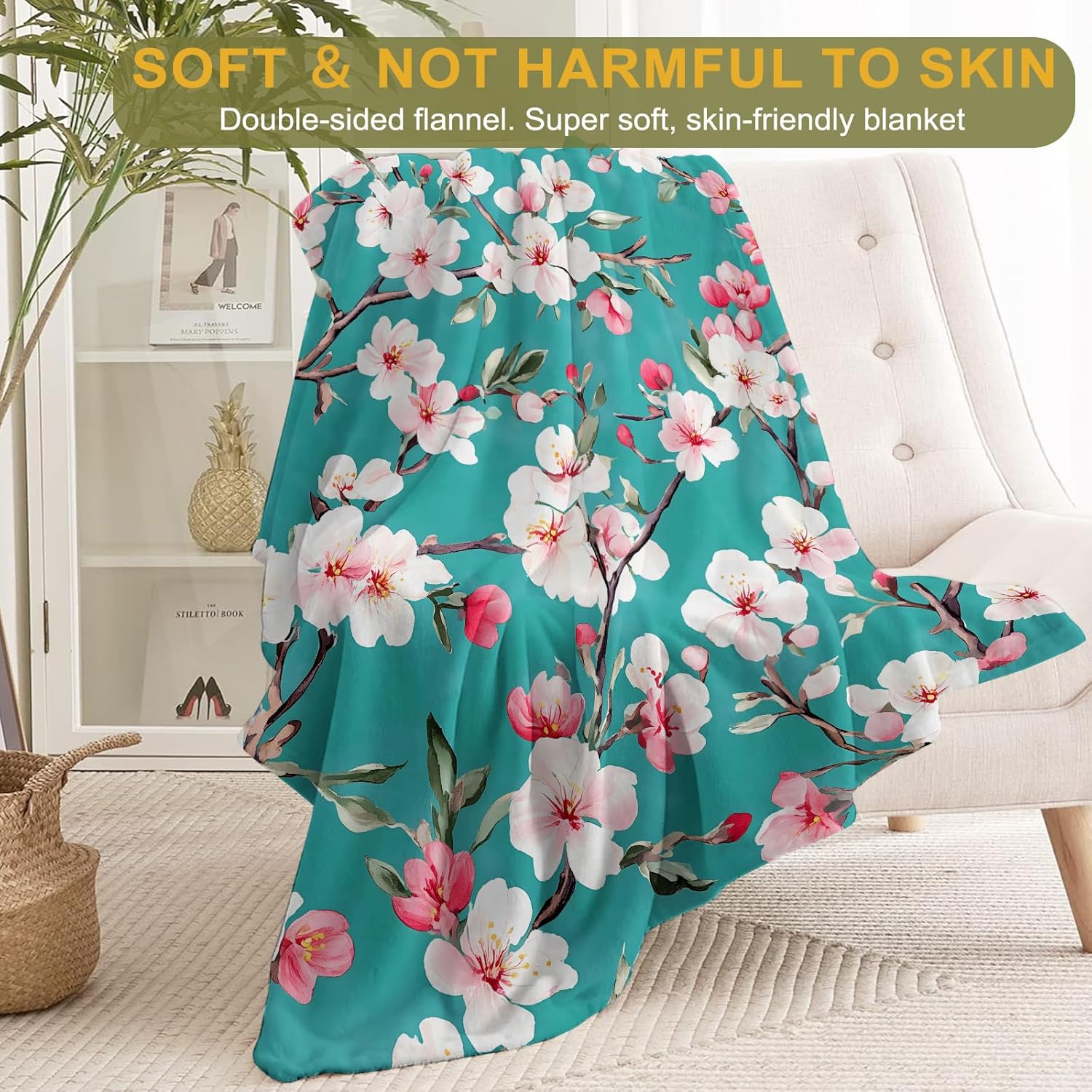 Cherry Blossom Branches Flannel Blanket - Lightweight Soft Cozy Unique Gifts Blankets for Floral Lovers,Kids,Adult,Women, Elegant Teal Background Art Throw,Home Room Modern Decor 50x60in - Image 2