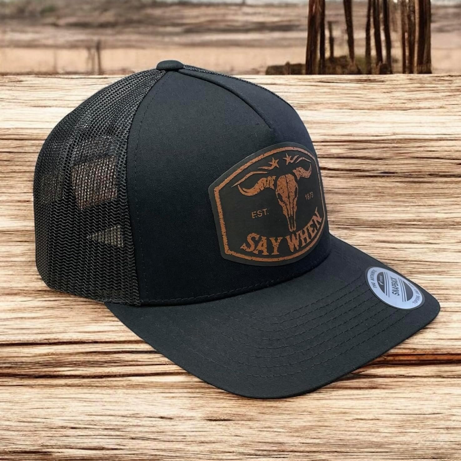 Say When Trucker Hat – Black YP Snapback with Rawhide Leatherette Patch – Western Trucker Cap - Black with Rawhide Patch