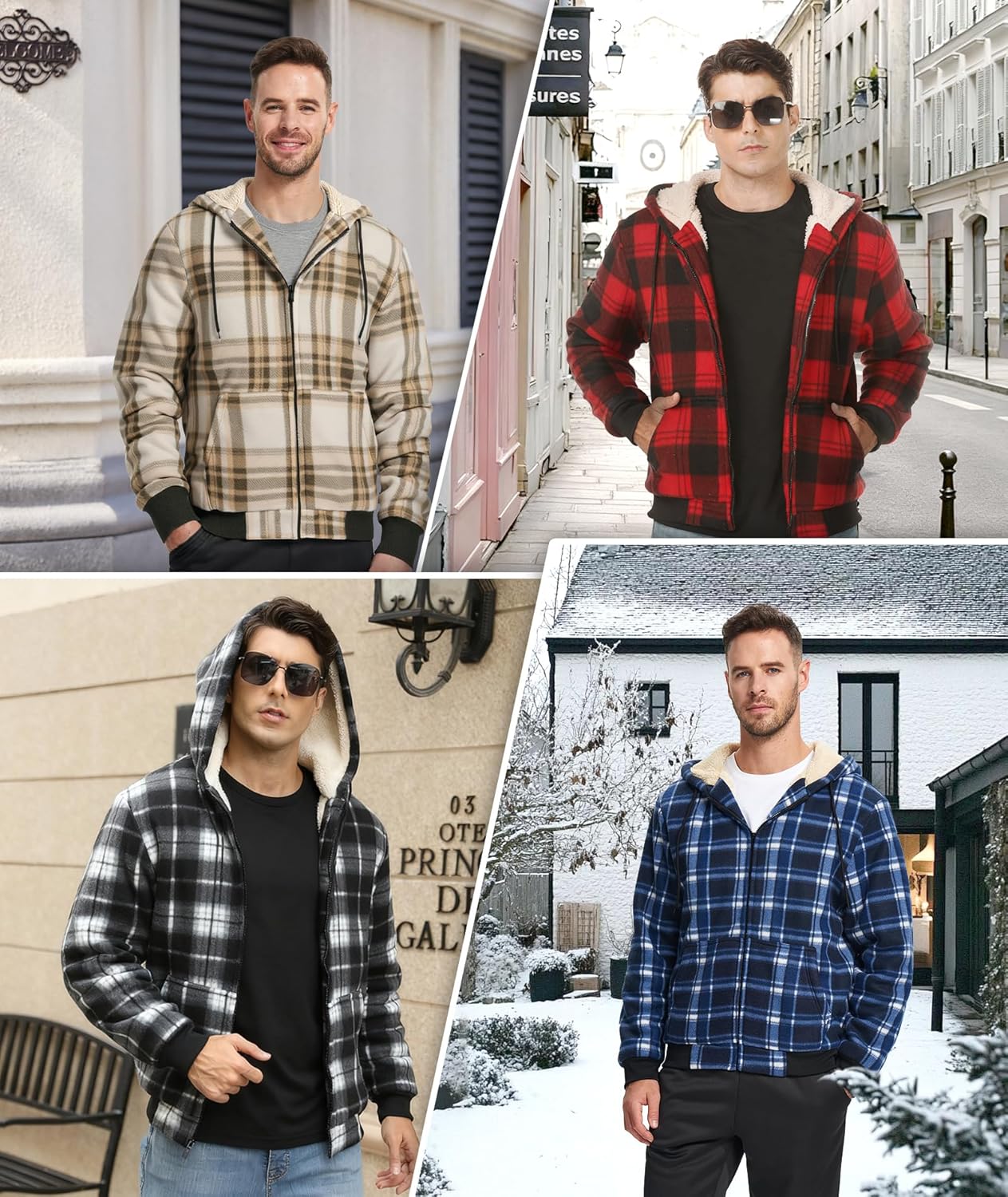Little Beauty Zip Up Hoodies for Men Sherpa Lined Flannel Jacket Winter Warm Plaid Coat with Pocket - Image 2