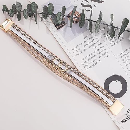 Miniatura 5 de FANCY SHINY Pulseras bohemias de cuero con cuentas doradas para mujer, apilables con cierre magnético