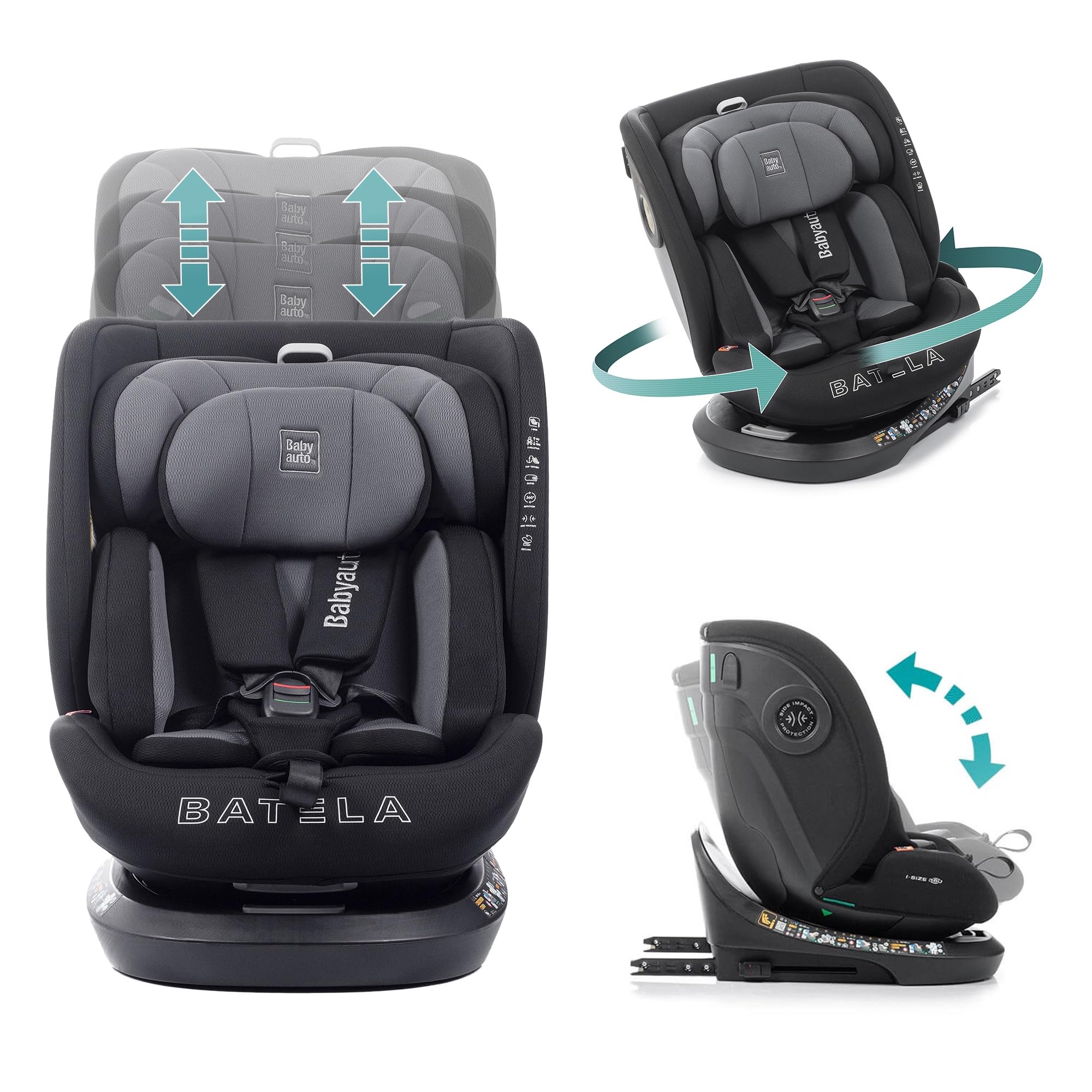 BABYAUTO – Silla de Coche Batela iFix i-Size (0-12 Años, 40-150 cm, 0-36 kg) – Giratoria 360° – ISOFIX + Top Tether – A Contramarcha hasta 105 cm – Arnés 5 Puntos – Protección Lateral – Gris