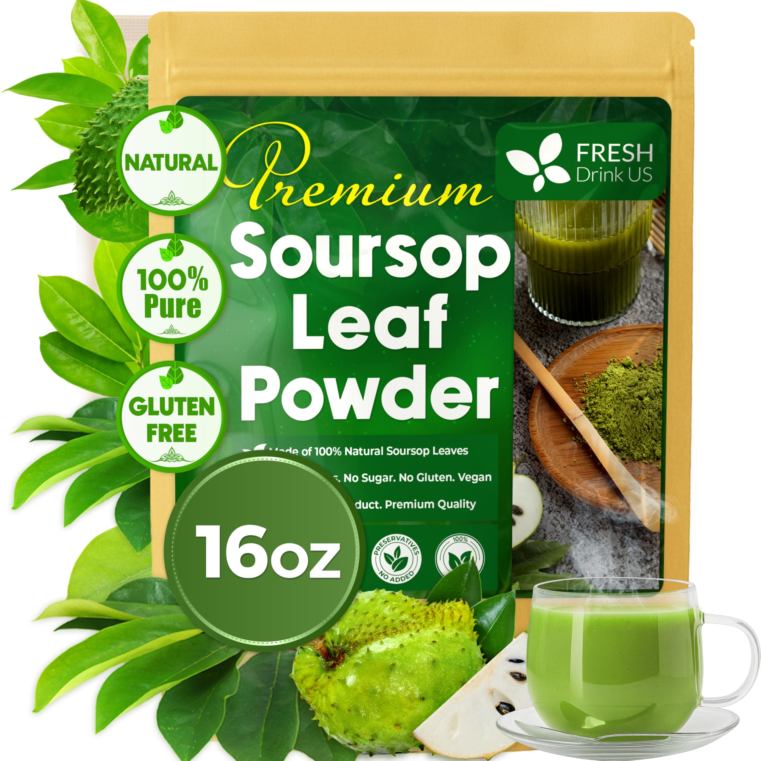 FRESHDRINKUS, Premium 16oz Soursop Leaf Powder, 100% Natural & Pure from Soursop Leaves, Wildcrafted, Graviola Powder, Hoja Guanabana, No Gluten, No Caffeine, No Sugar, Vegan.