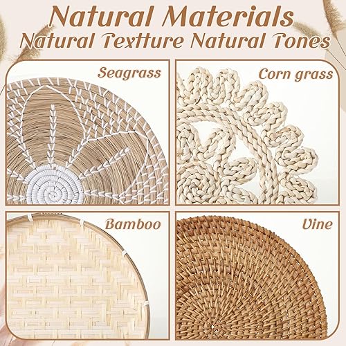 Miniatura 4 de Wesiti Juego de 14 cestas de pared tejidas para decoración bohemia para colgar en la pared, de ratán, redondas, de pastos marinos, cestas de mimbre