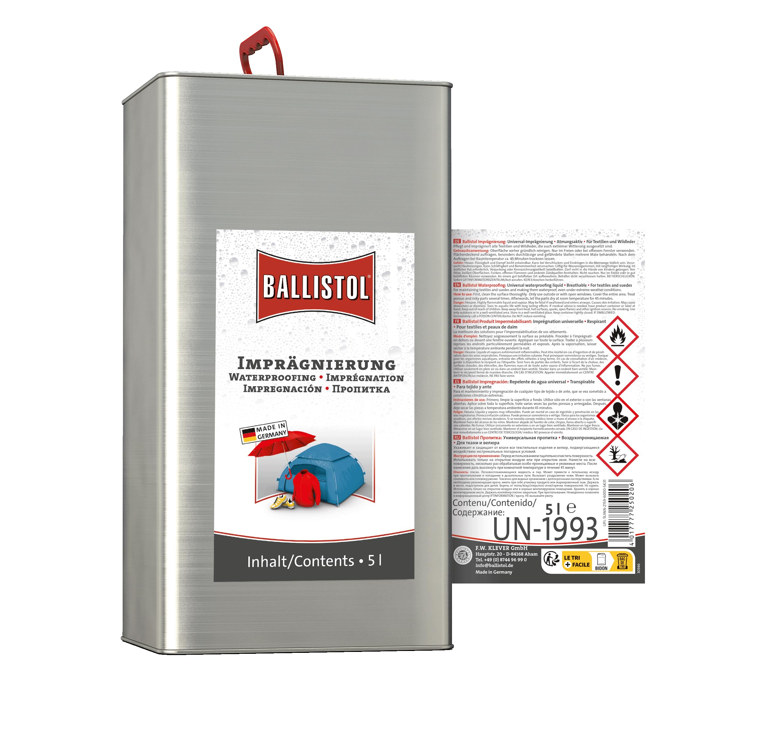 BALLISTOL 25020 Imprägnier-Spray Pluvonin, Textilien, 5 l Kanister | Imprägnierspray, Universal-Imprägnierung, Textilien und Wildleder, Nässeschutz, für Textil und Leder, wasserabweisend