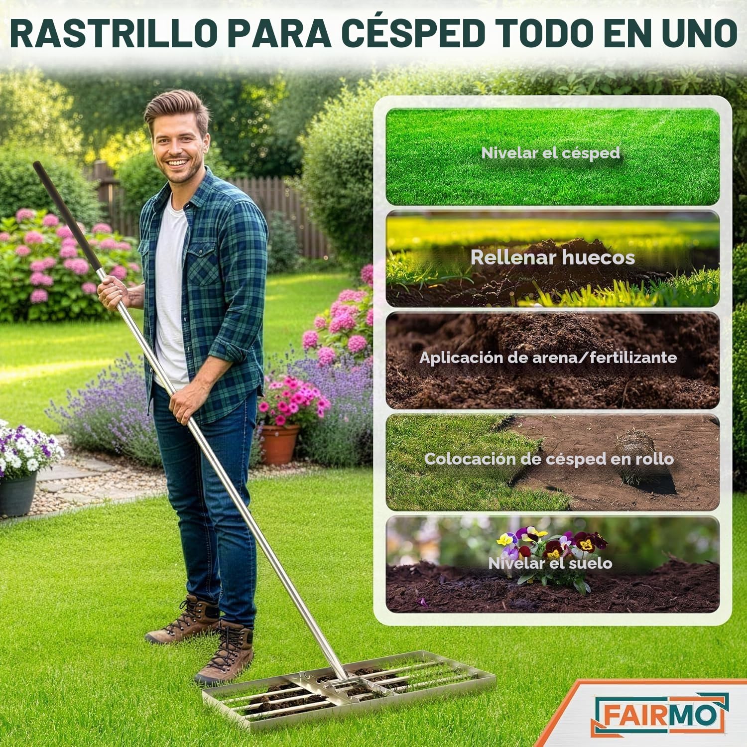 La práctica rasqueta para césped de Acero Inoxidable (75 x 35 cm) de Fairmo [para césped Verde Intenso] – Rasqueta para césped con Mango de 2 Metros – Cuidado del césped con rastrillo de nivelación –