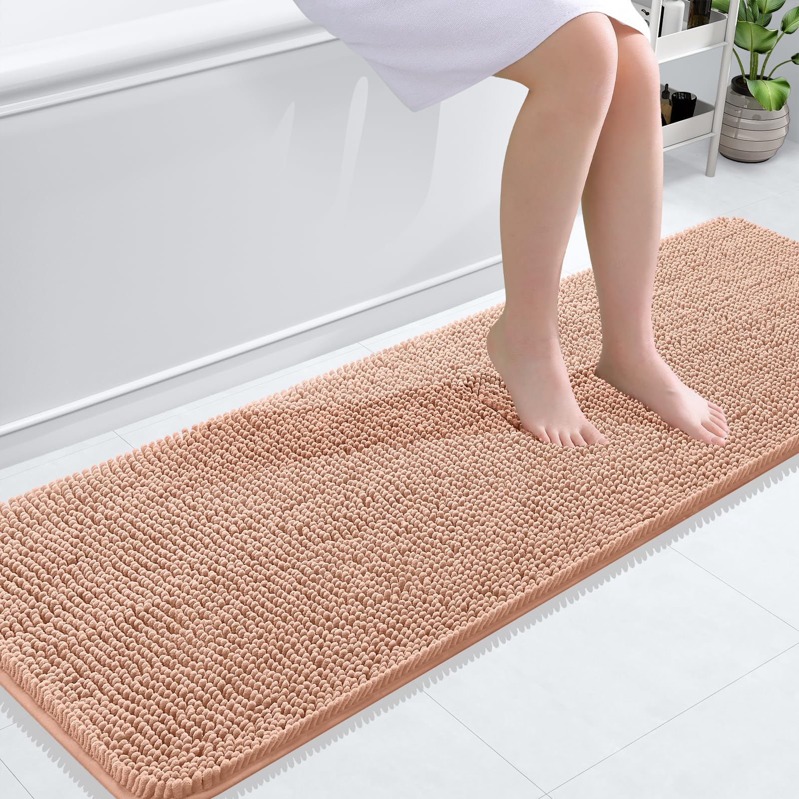 OLANLY Bathroom Runner Rugs 59x20, Extra Soft Absorbent Chenille Bath Rugs | Peach, Quick-Drying Rubber Backing, Machine Washable Long Bath Mat for Bathroom Floor, Tub and Shower, Home Decor Accessories