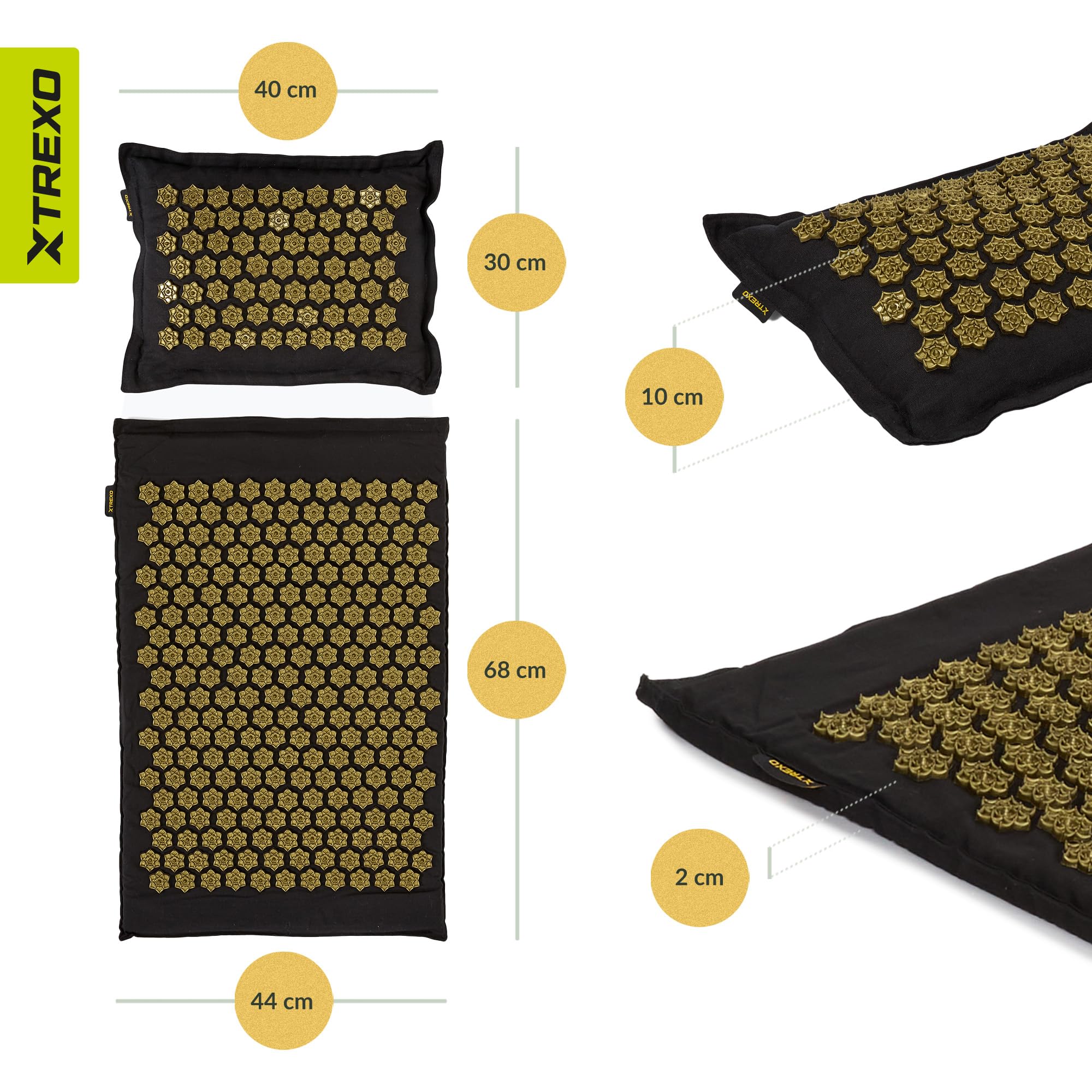 XTREXO Eco mata do akupresury z poduszką 40 x 30 cm w kolorze czarnym z rozmiarem maty 68 x 44 x 2 cm, z lnu i PCW, mata akupunkturowa, redukuje napięcia, wspomaga sen