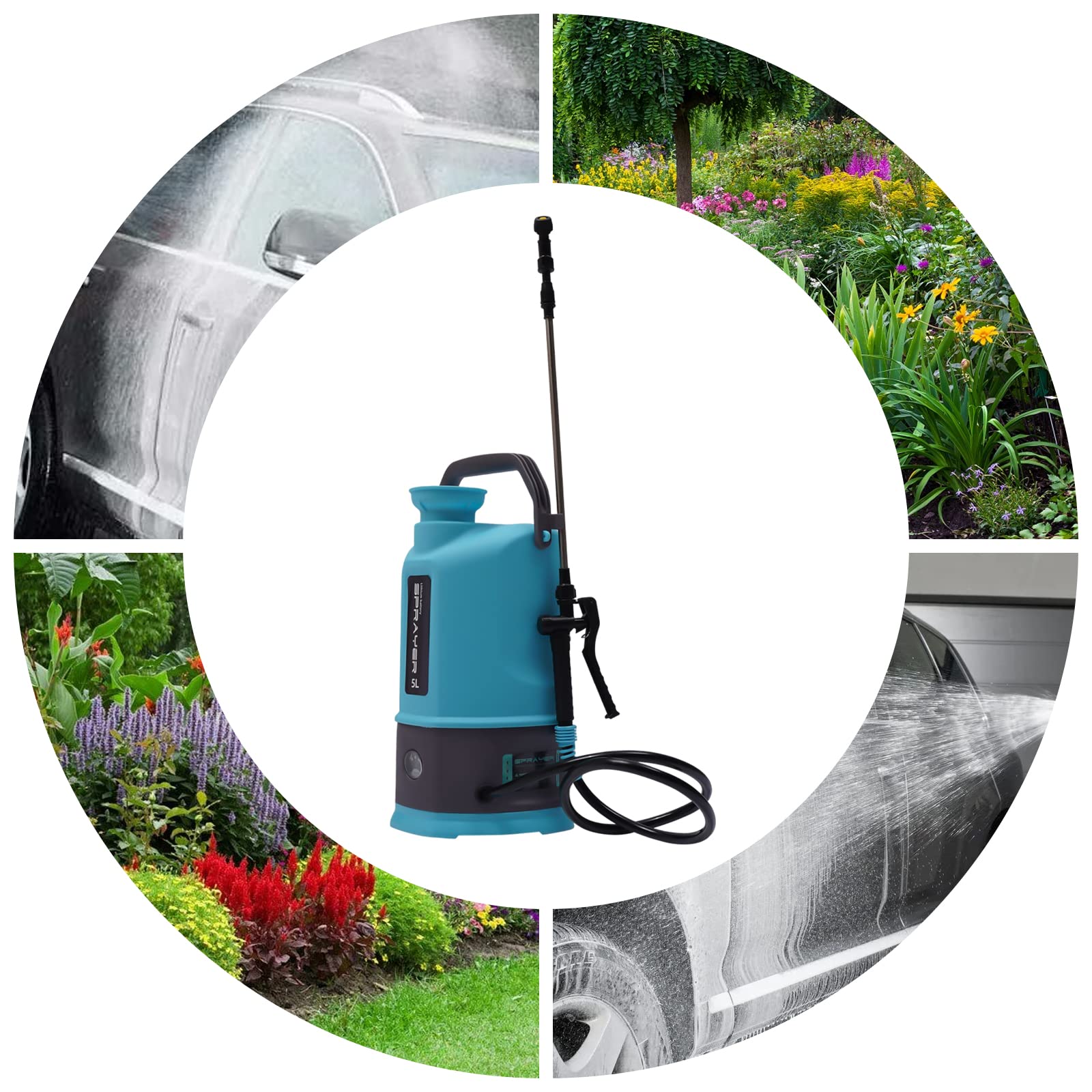 Akku Drucksprüher 5 Liter, Elektrische Sprühgerät 3.2 Gallon Batteriebetriebener Sprüher mit Verstellbaren Sprühstab und 2 Düsen für Langzeitsprüher Gartensprüher (Doppelt elektrisch)