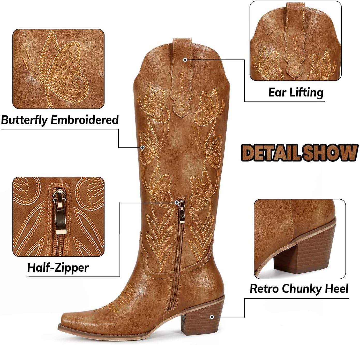 wetkiss Cowboy Boots for Women Knee High Cowgirl Boots - Butterfly Embroidered Zipper Chunky Heel Boot, Casual, Festivals, Shopping & Western Parties, Vintage Style Comfort Tall Boot - Image 4
